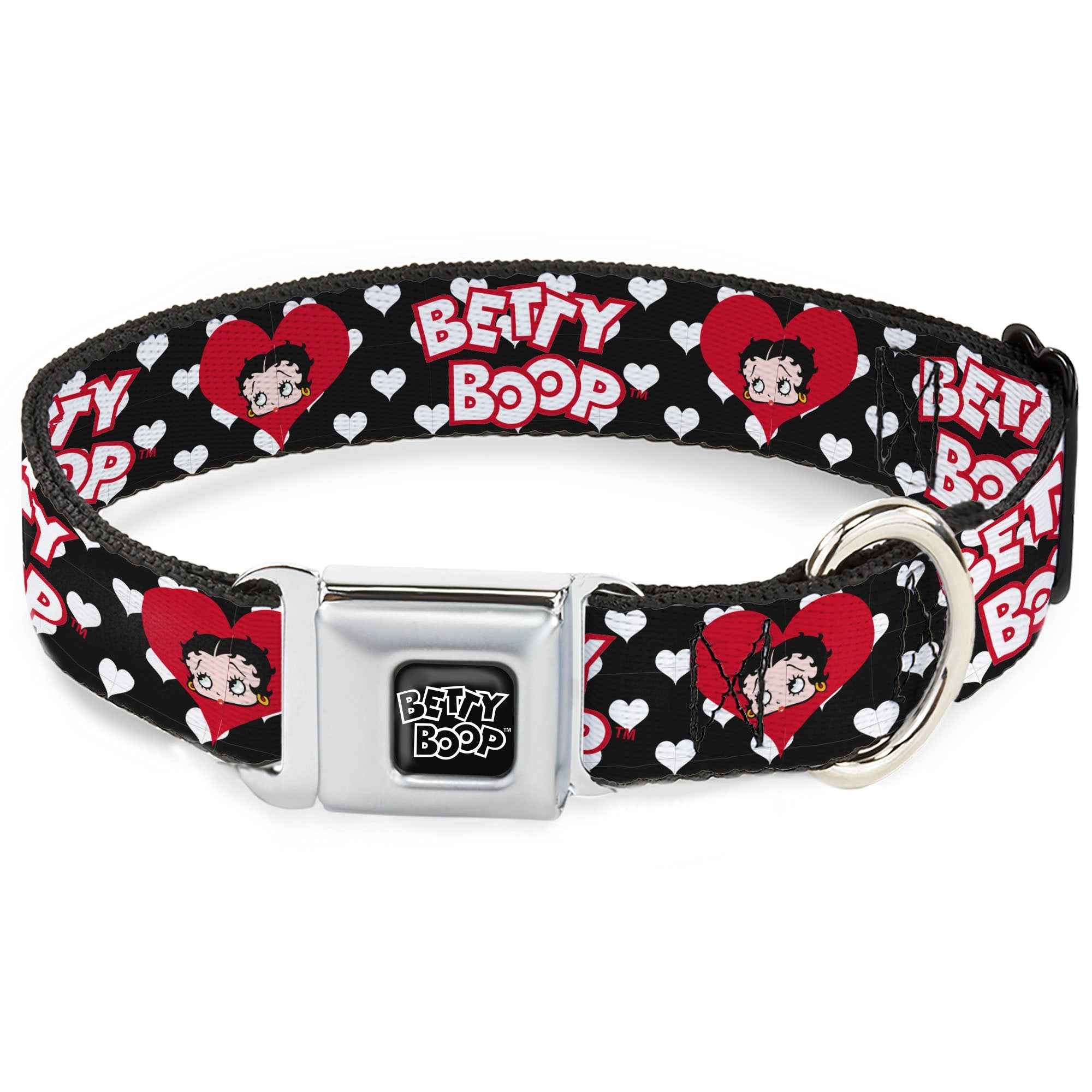 Buckle-Down Betty Boop Text Heart Logo Full Color Black/White Seatbelt Buckle Dog Collar - Betty Boop Face and Text Hearts Black/White/Red