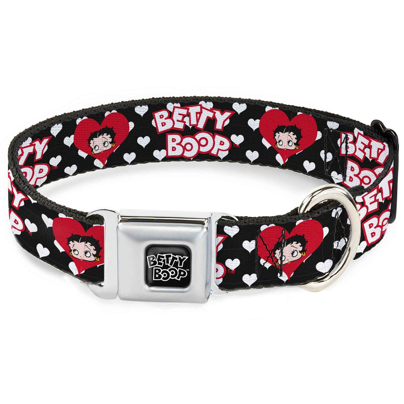 Buckle-Down Betty Boop Text Heart Logo Full Color Black/White Seatbelt Buckle Dog Collar - Betty Boop Face and Text Hearts Black/White/Red