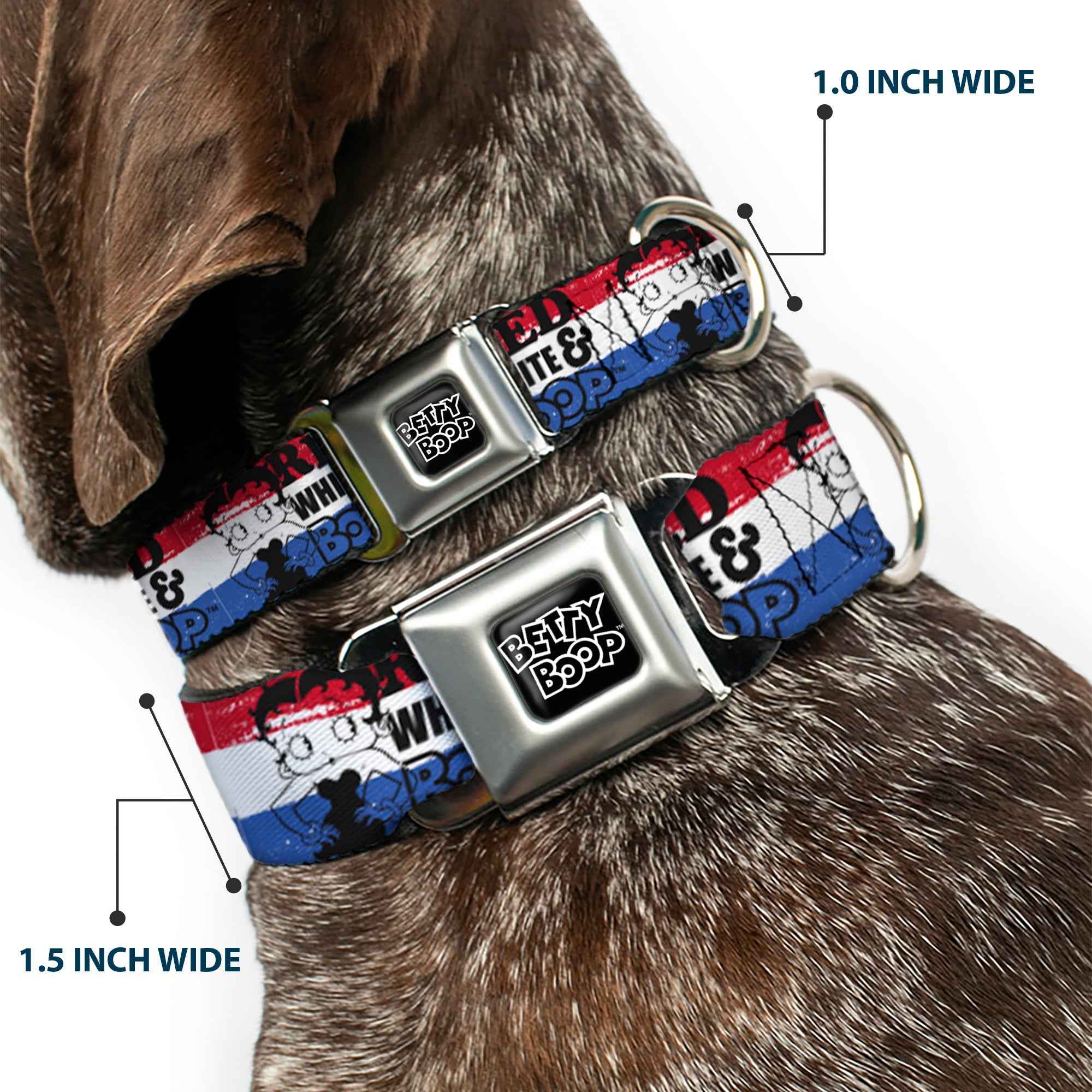 Buckle-Down Betty Boop Text Heart Logo Black/White & Red White & Boop Pose Americana Stripe Seatbelt Buckle Dog Collar