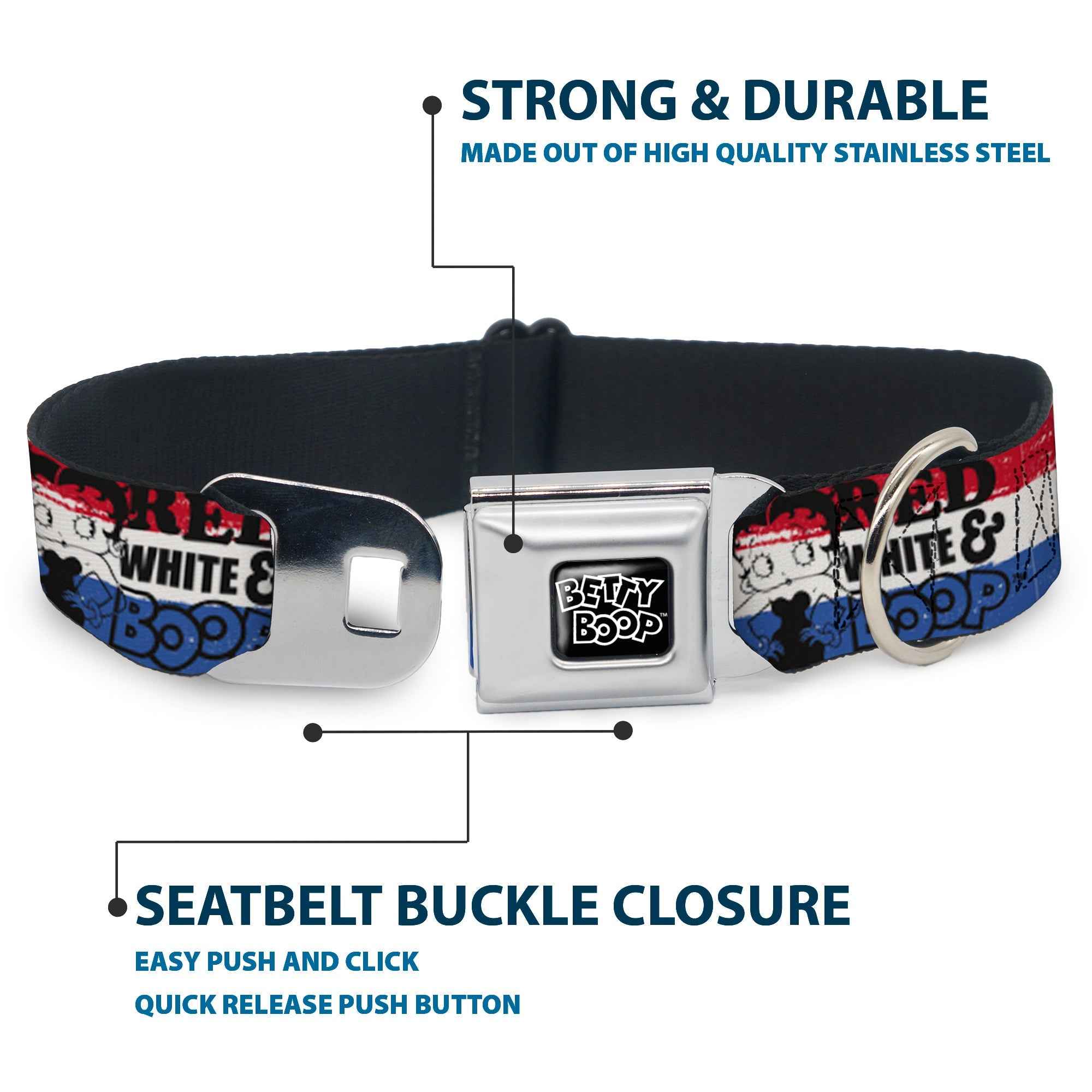 Buckle-Down Betty Boop Text Heart Logo Black/White & Red White & Boop Pose Americana Stripe Seatbelt Buckle Dog Collar