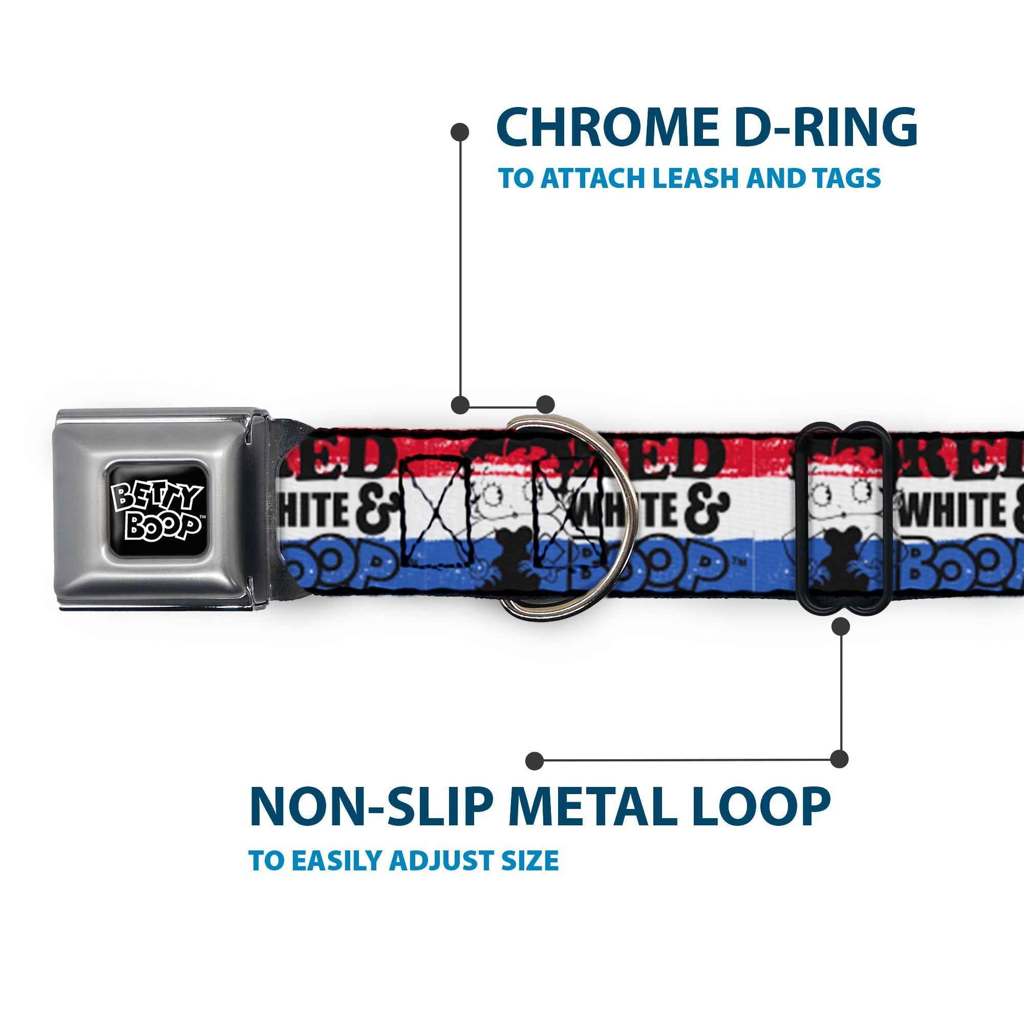 Buckle-Down Betty Boop Text Heart Logo Black/White & Red White & Boop Pose Americana Stripe Seatbelt Buckle Dog Collar