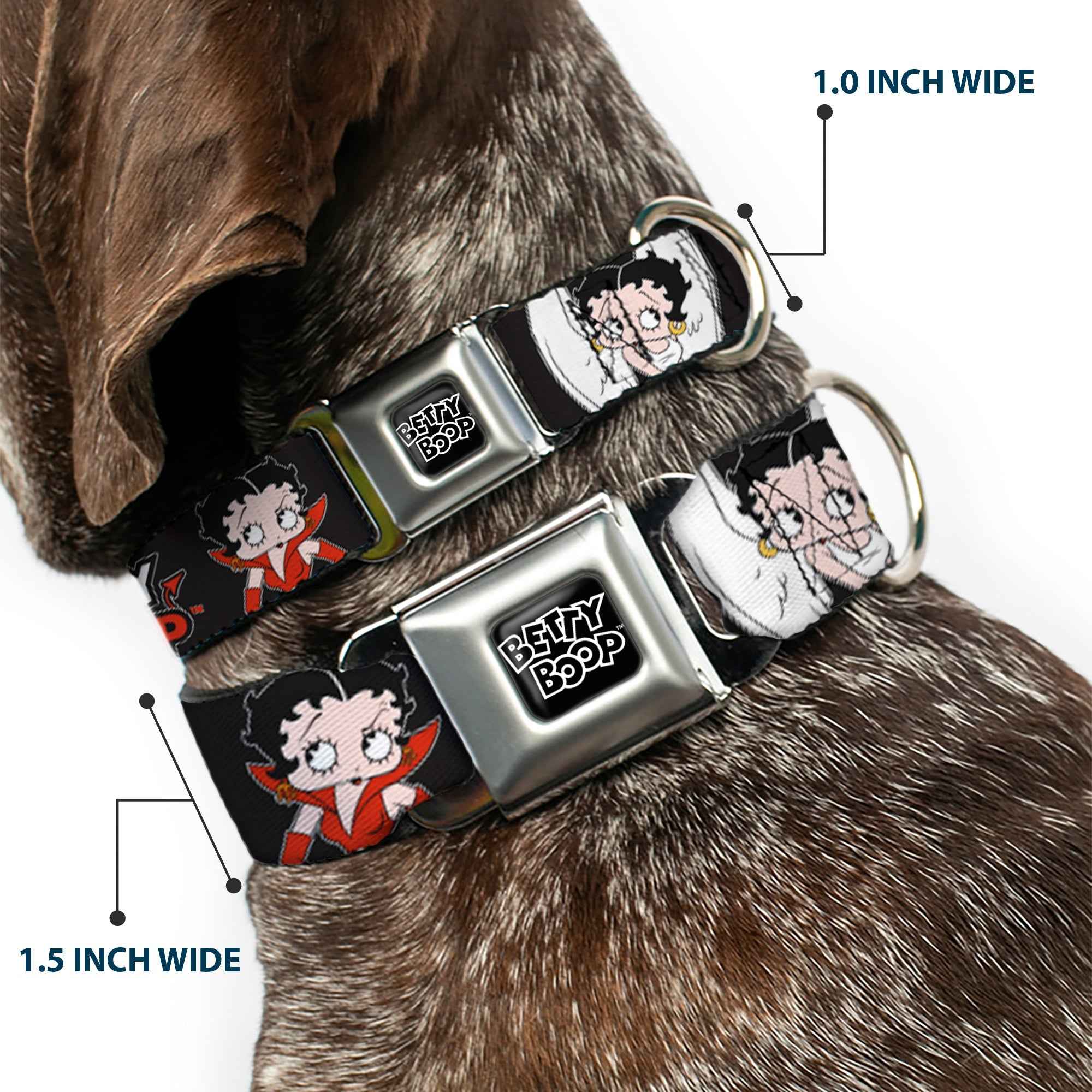 Buckle-Down Betty Boop Text Heart Logo Full Color Black/White Seatbelt Buckle Dog Collar - Betty Boop Angel and Devil Poses with Text Black/White/Red