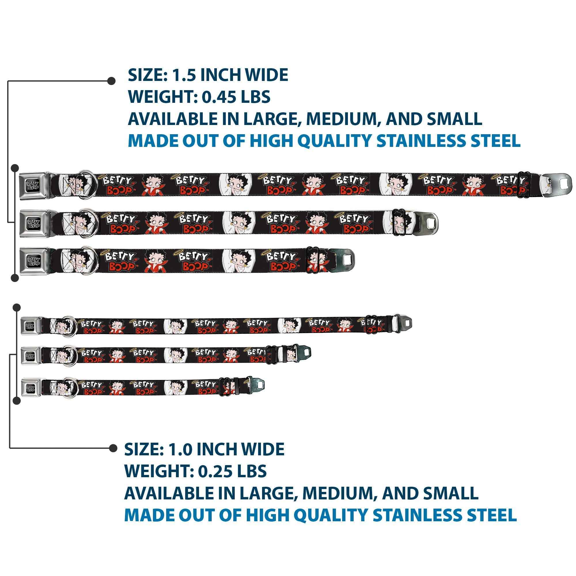 Buckle-Down Betty Boop Text Heart Logo Full Color Black/White Seatbelt Buckle Dog Collar - Betty Boop Angel and Devil Poses with Text Black/White/Red