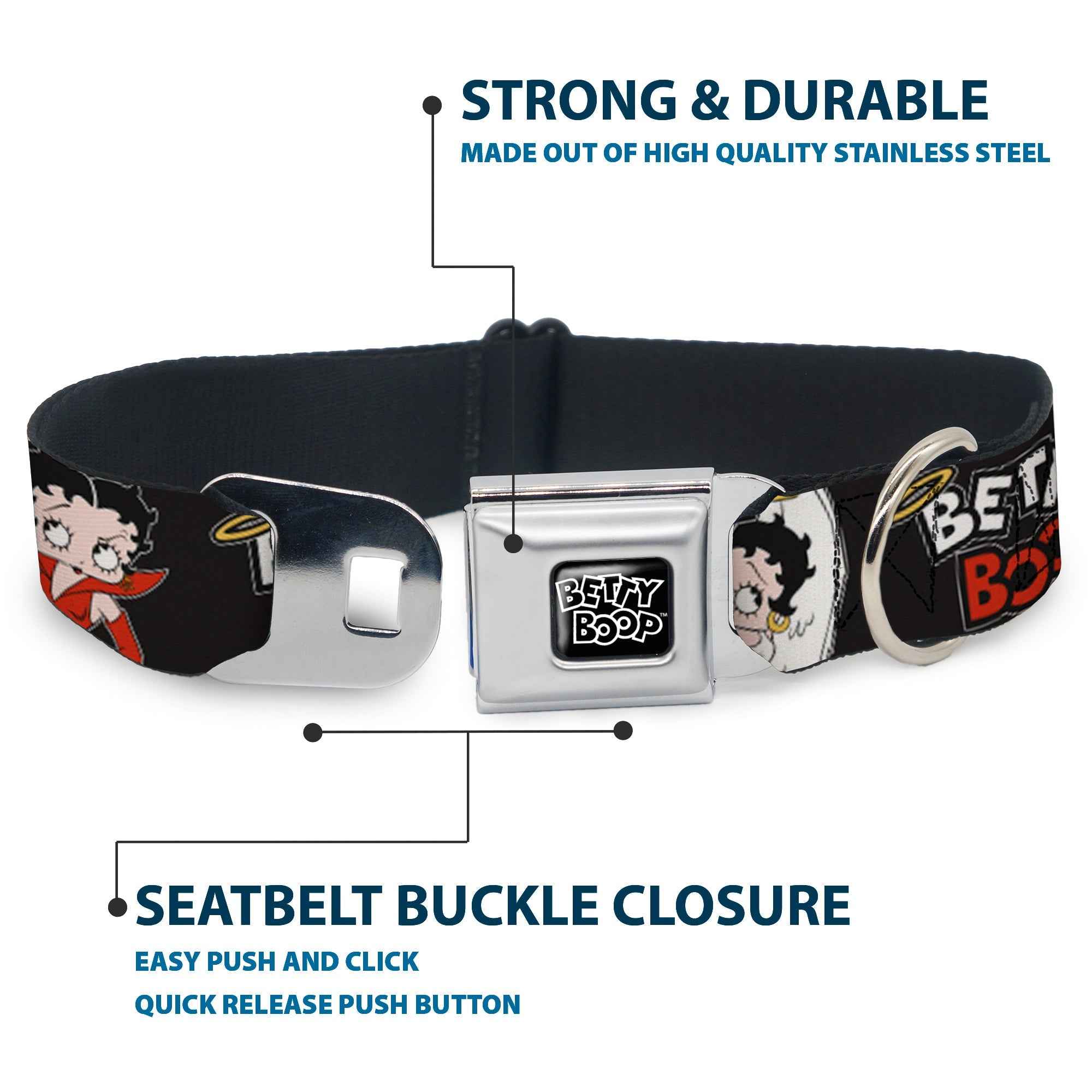 Buckle-Down Betty Boop Text Heart Logo Full Color Black/White Seatbelt Buckle Dog Collar - Betty Boop Angel and Devil Poses with Text Black/White/Red