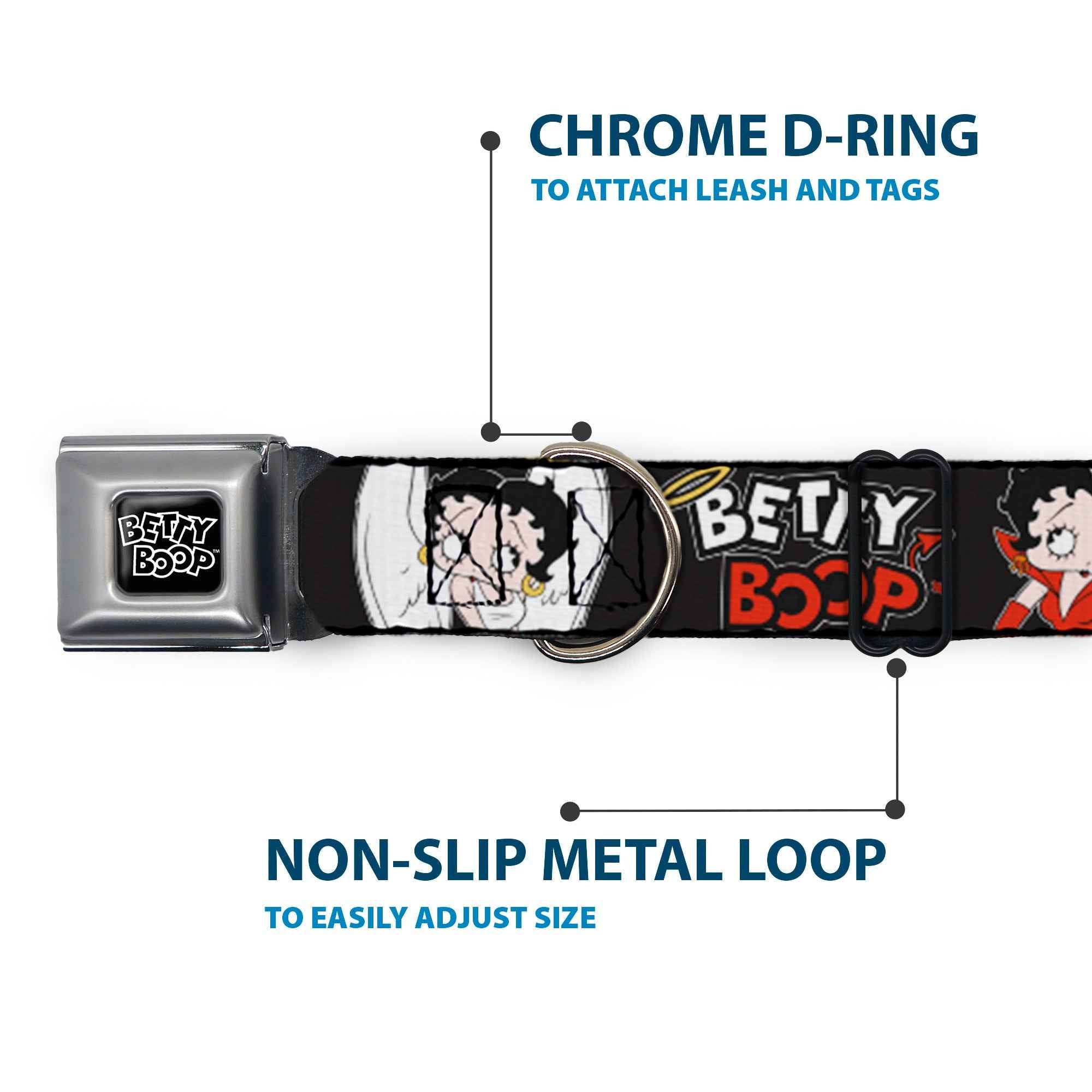 Buckle-Down Betty Boop Text Heart Logo Full Color Black/White Seatbelt Buckle Dog Collar - Betty Boop Angel and Devil Poses with Text Black/White/Red