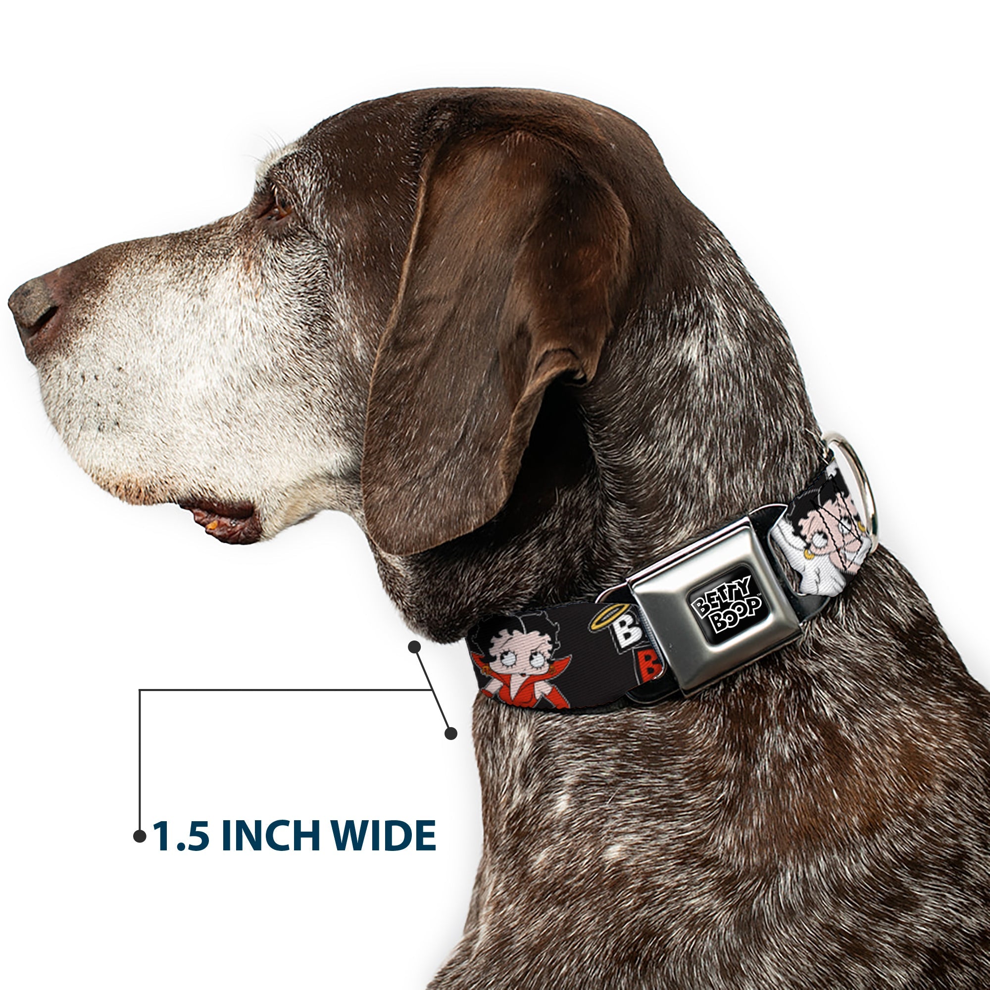 Buckle-Down Betty Boop Text Heart Logo Full Color Black/White Seatbelt Buckle Dog Collar - Betty Boop Angel and Devil Poses with Text Black/White/Red