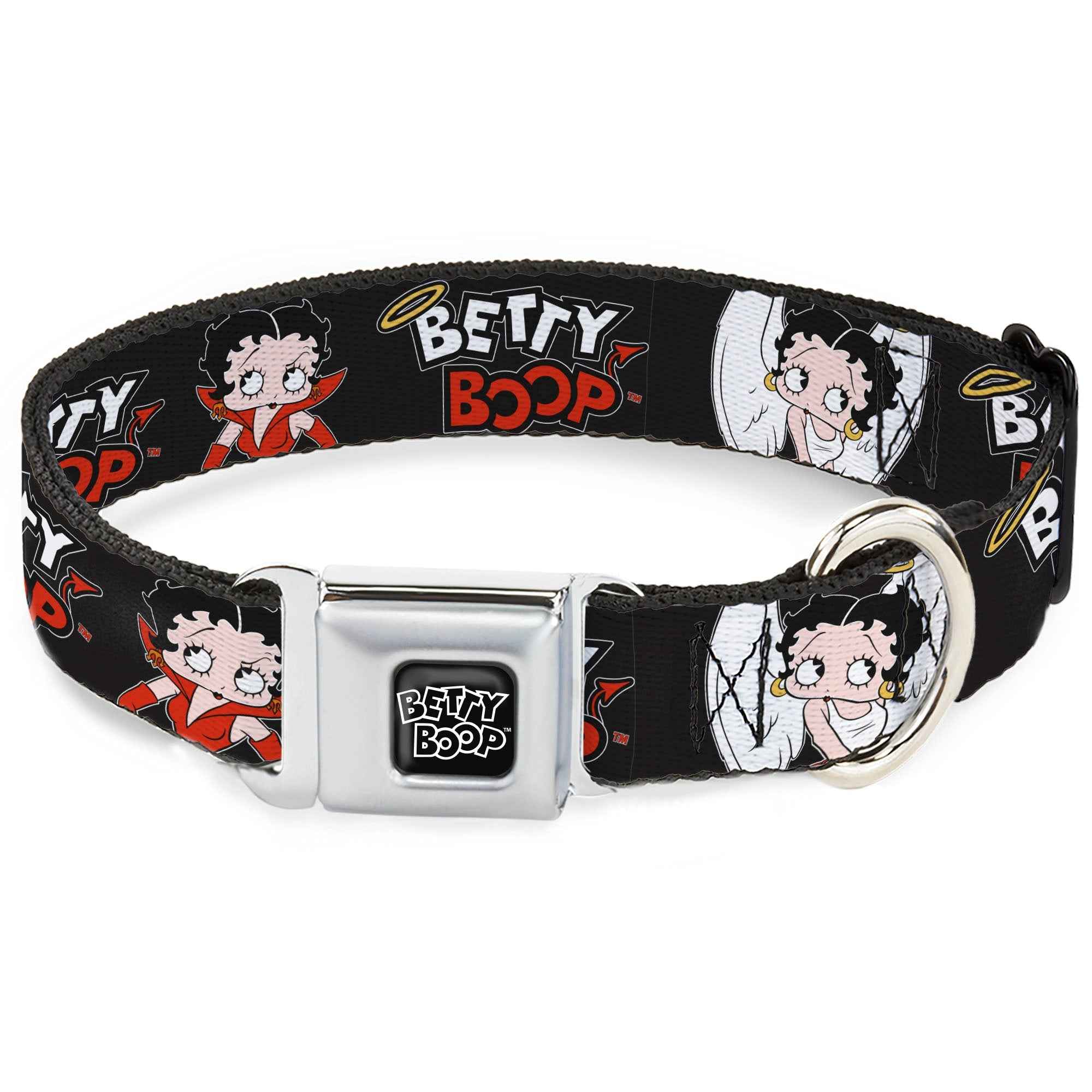 Buckle-Down Betty Boop Text Heart Logo Full Color Black/White Seatbelt Buckle Dog Collar - Betty Boop Angel and Devil Poses with Text Black/White/Red