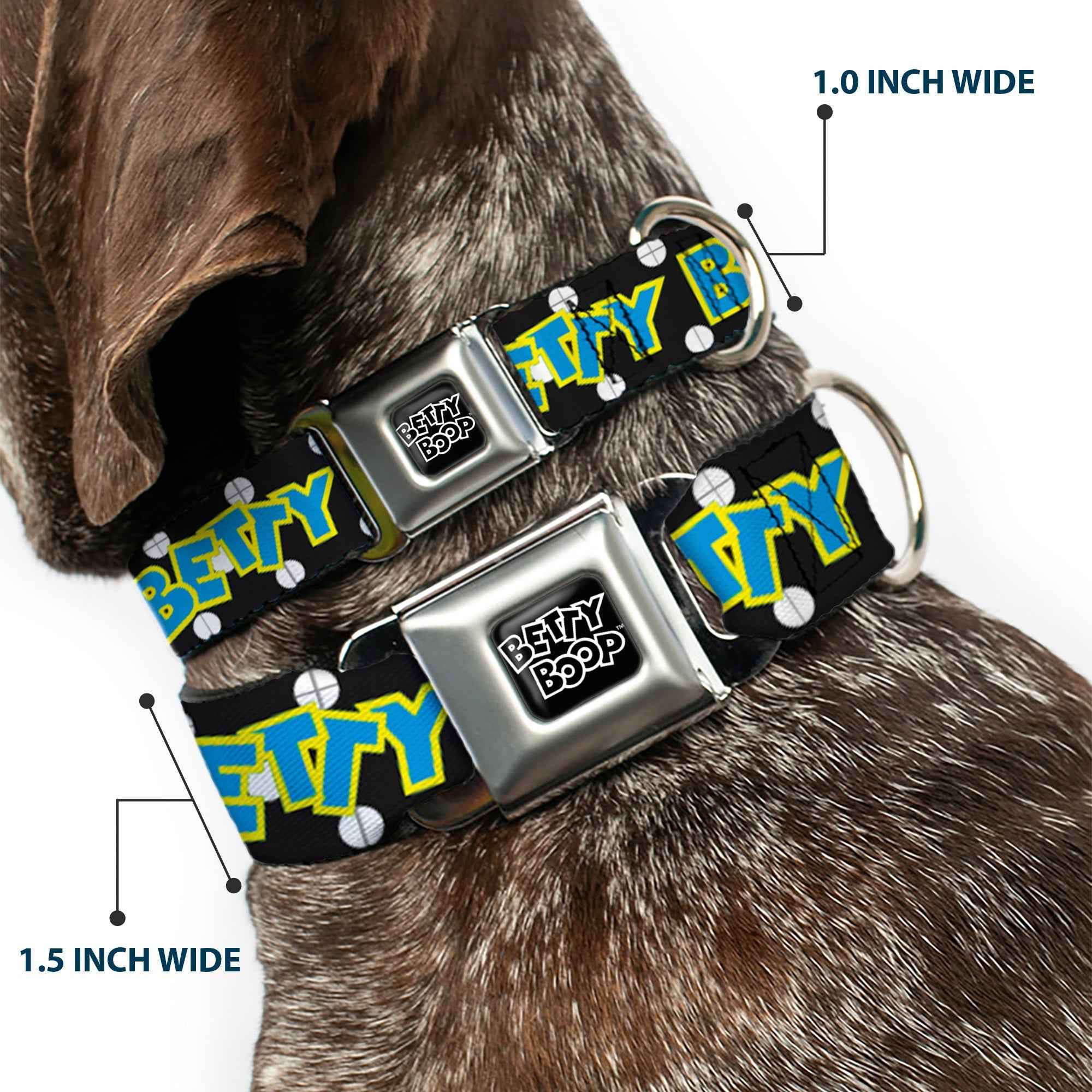 Buckle-Down Betty Boop Text Heart Logo Black/White & Biker Betty Winking and Text Polka Dot Seatbelt Buckle Dog Collar