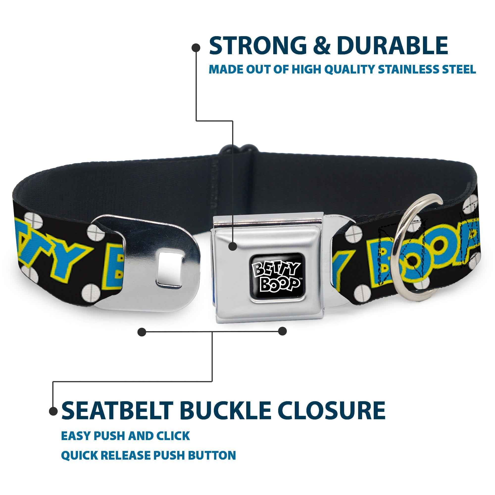 Buckle-Down Betty Boop Text Heart Logo Black/White & Biker Betty Winking and Text Polka Dot Seatbelt Buckle Dog Collar