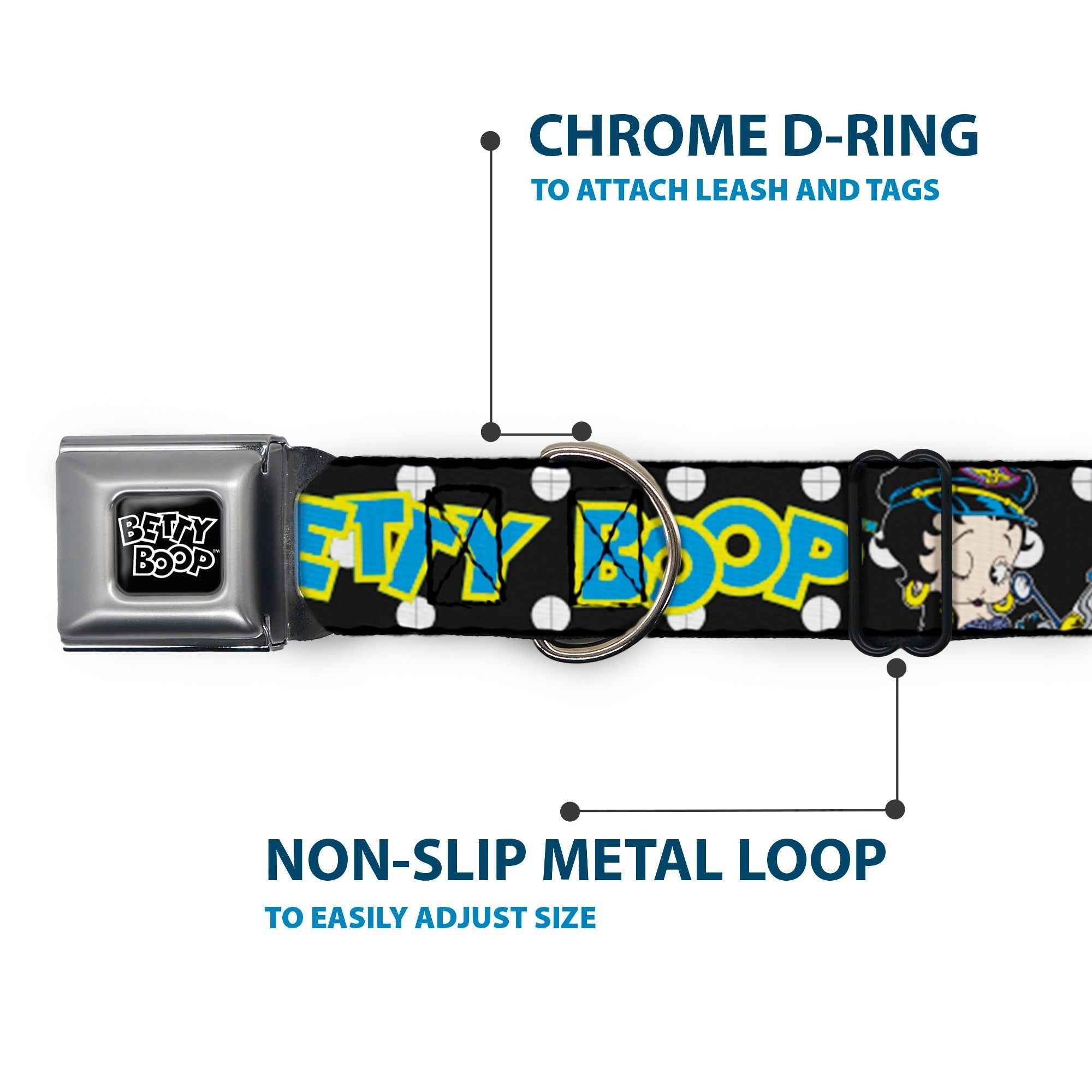 Buckle-Down Betty Boop Text Heart Logo Black/White & Biker Betty Winking and Text Polka Dot Seatbelt Buckle Dog Collar