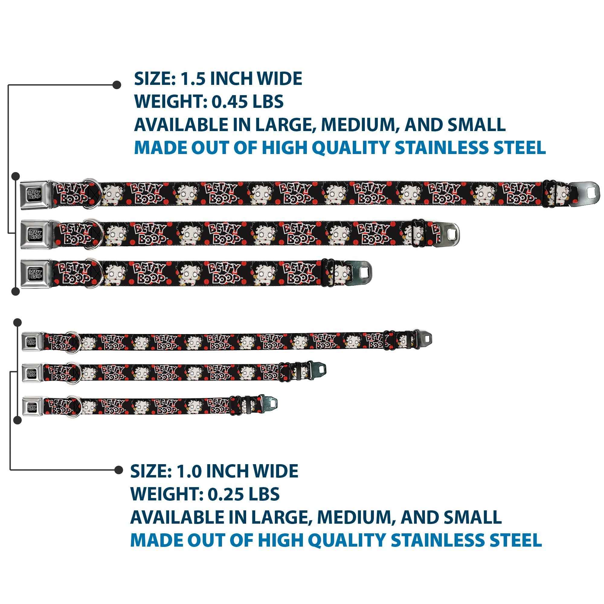 Buckle-Down Betty Boop Text Heart Logo Full Color Black/White Seatbelt Buckle Dog Collar - Betty Boop Zombie Betty and Text Polka Dot Black/Red/White