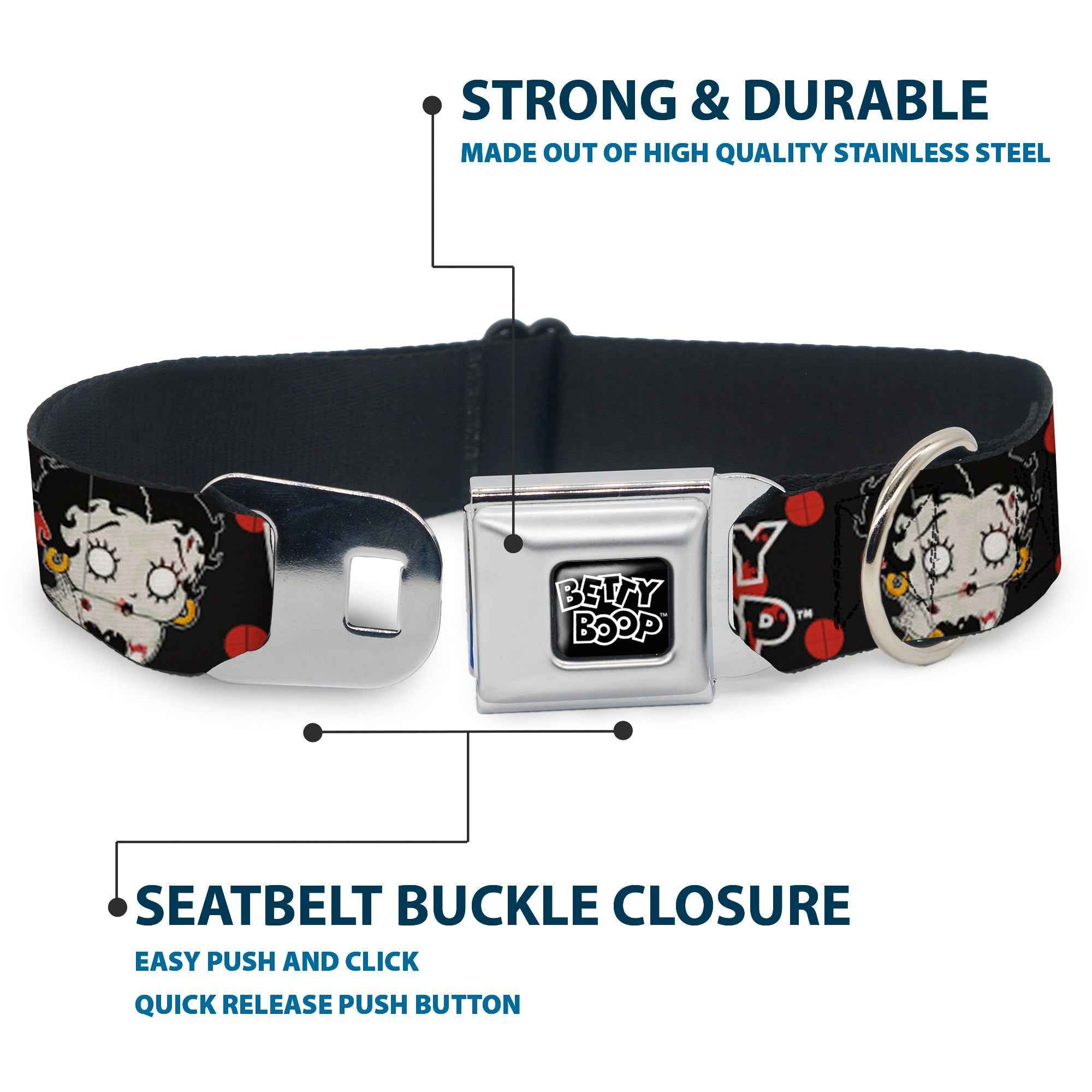 Buckle-Down Betty Boop Text Heart Logo Full Color Black/White Seatbelt Buckle Dog Collar - Betty Boop Zombie Betty and Text Polka Dot Black/Red/White