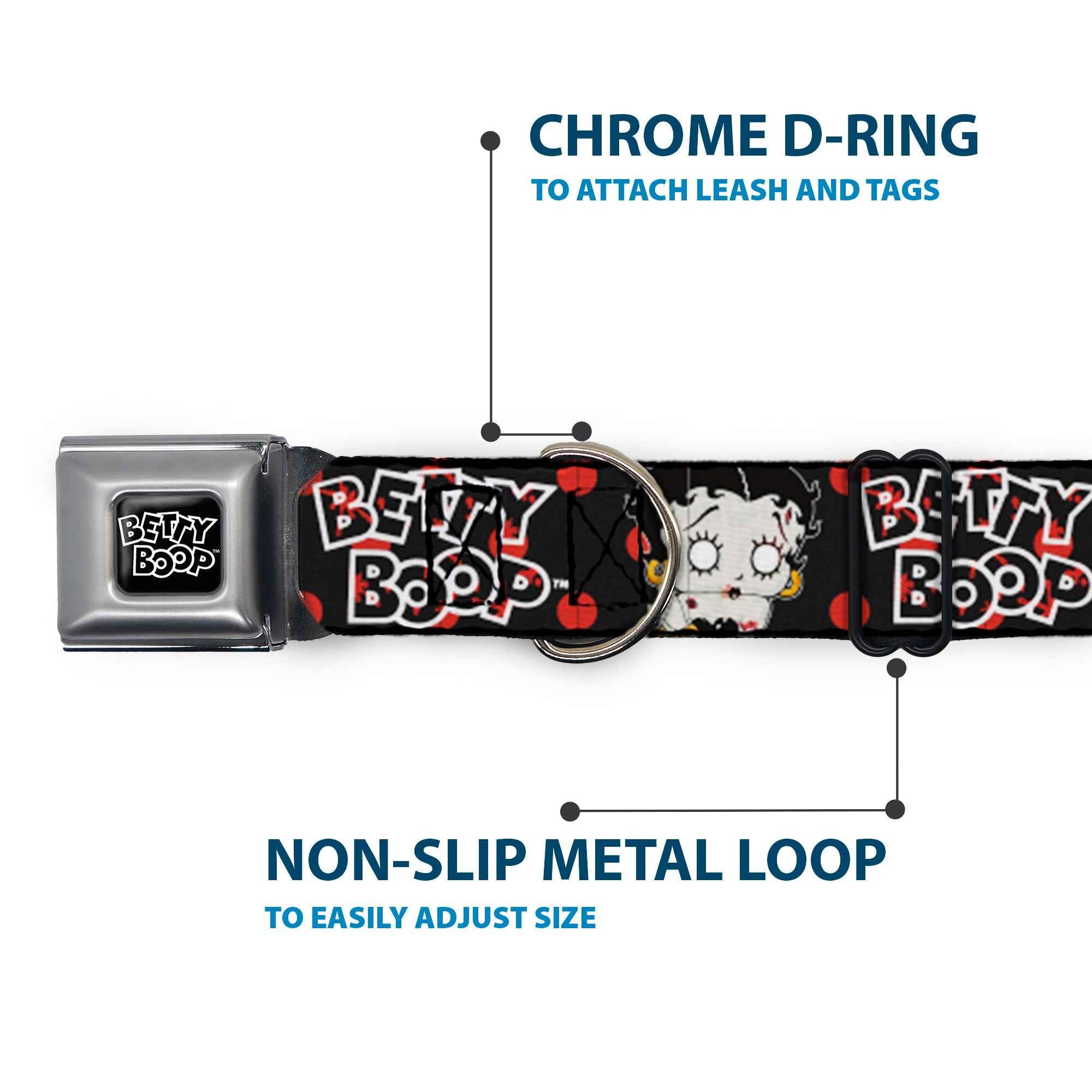 Buckle-Down Betty Boop Text Heart Logo Full Color Black/White Seatbelt Buckle Dog Collar - Betty Boop Zombie Betty and Text Polka Dot Black/Red/White