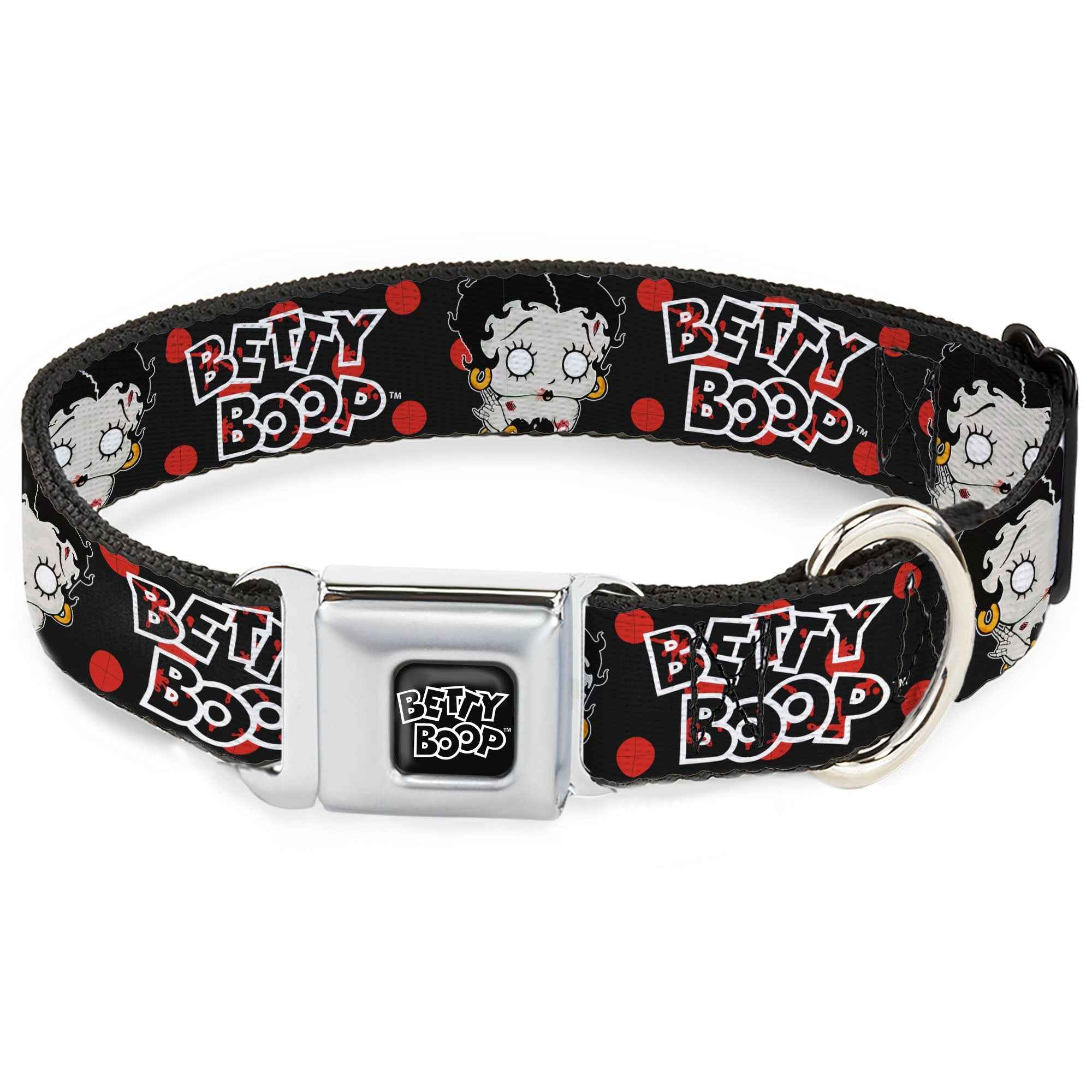 Buckle-Down Betty Boop Text Heart Logo Full Color Black/White Seatbelt Buckle Dog Collar - Betty Boop Zombie Betty and Text Polka Dot Black/Red/White