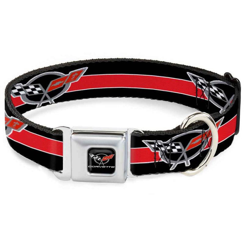 Buckle-Down Corvette C5 Logo Full Color Black/Gray/White/Red Seatbelt Buckle Dog Collar - Corvette C5 Logo/Stripe Black/White/Red/Gray Repeat