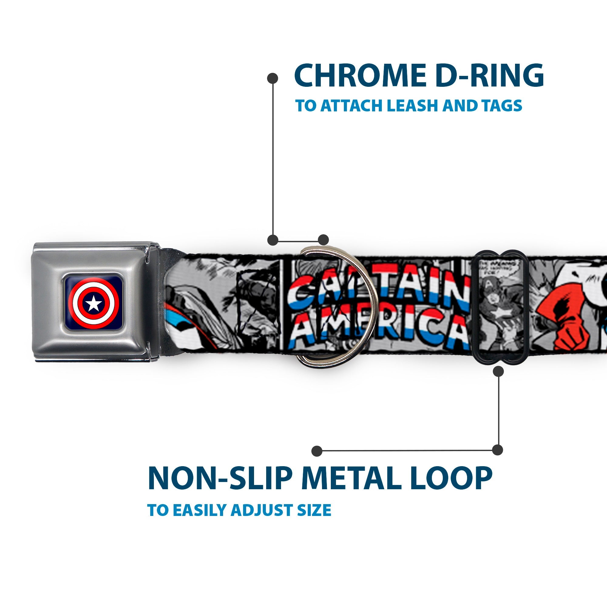 Captain America Shield Navy Seatbelt Buckle Collar - CAPTAIN AMERICA 2-Poses/Comic Blocks Grays/Red/White/Blue