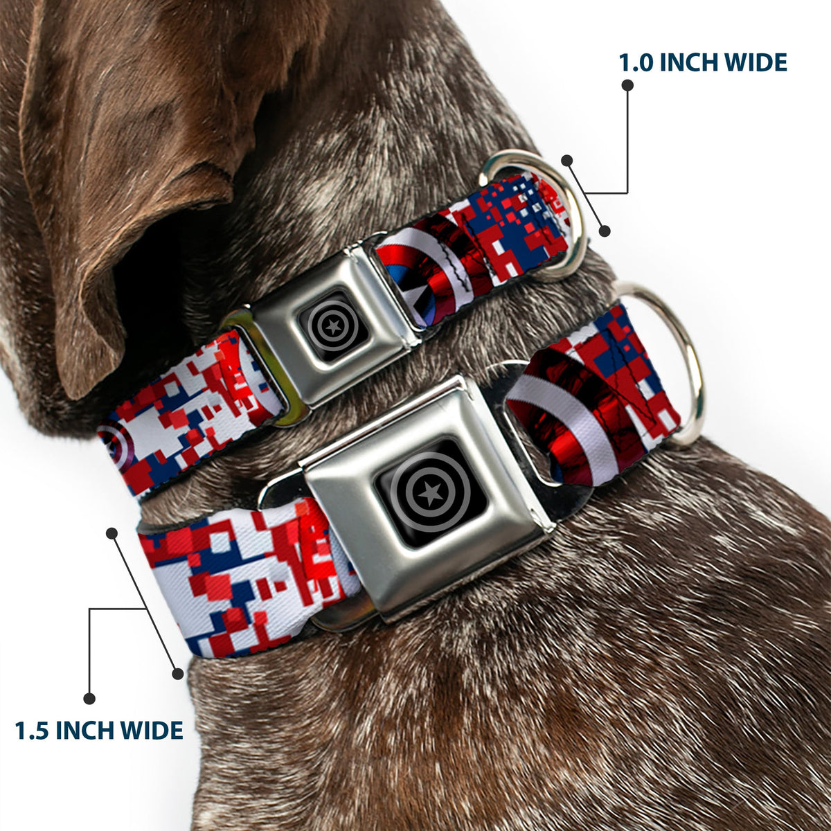 MARVEL AVENGERS Captain America Shield Black Silver Seatbelt Buckle Collar - Captain America Shield Digital Camo Blue/White/Red