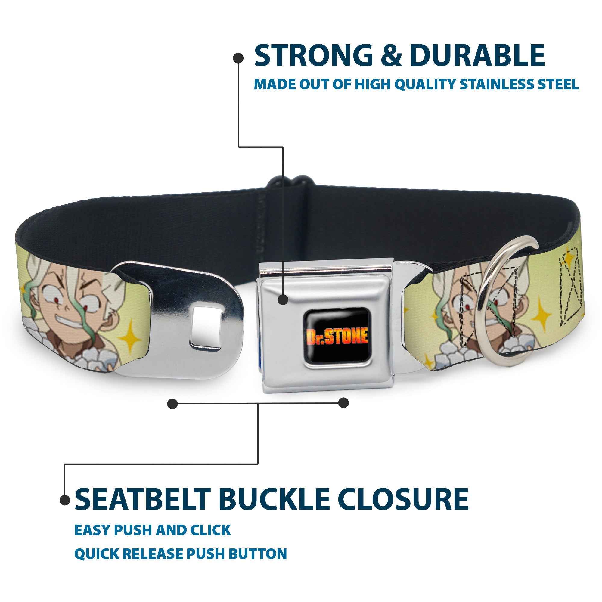 Buckle-Down Dr. Stone Title Logo Full Color Black/Orange Seatbelt Buckle Dog Collar - Dr. Stone Chibi Senku and Gen Faces Stars Yellows