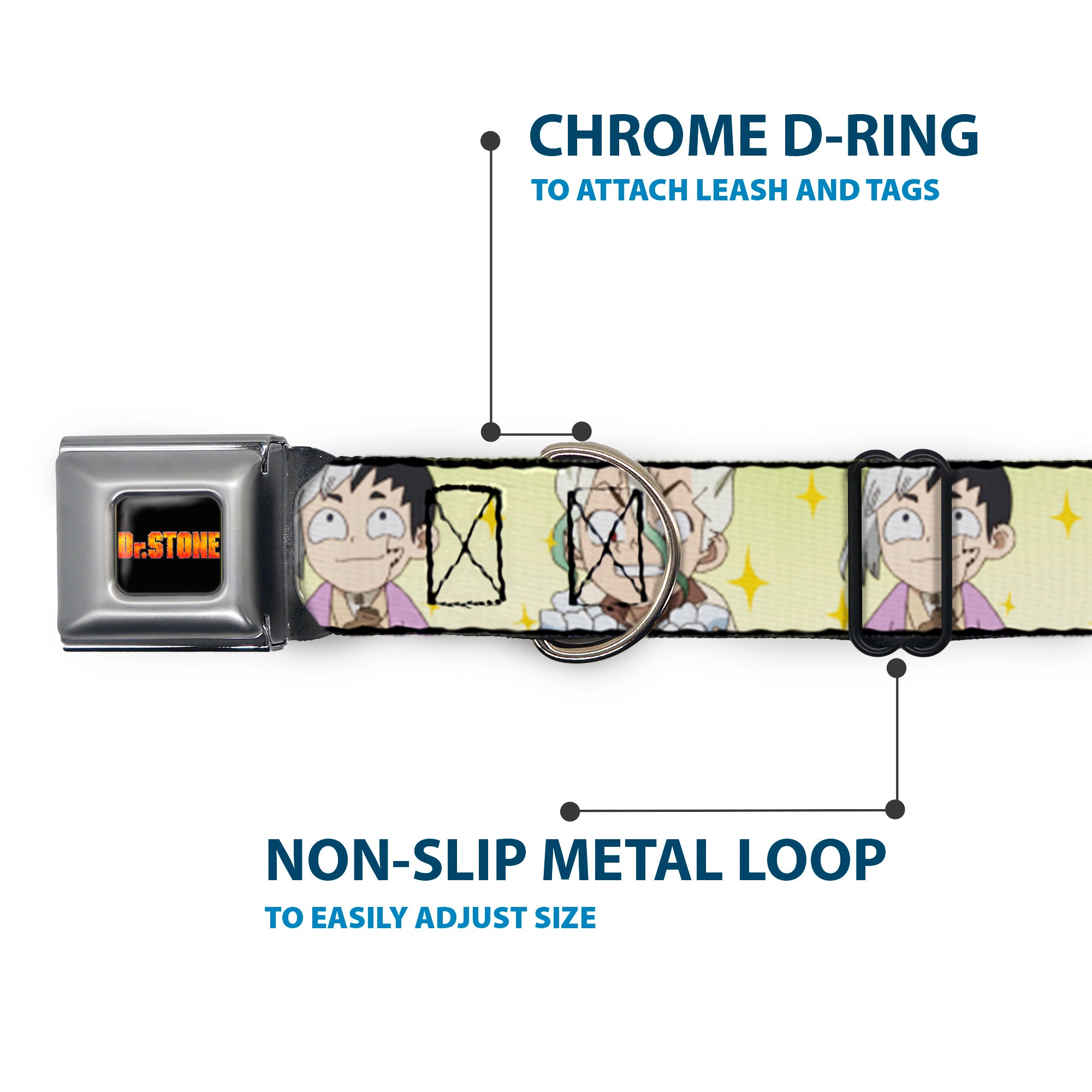 Buckle-Down Dr. Stone Title Logo Full Color Black/Orange Seatbelt Buckle Dog Collar - Dr. Stone Chibi Senku and Gen Faces Stars Yellows