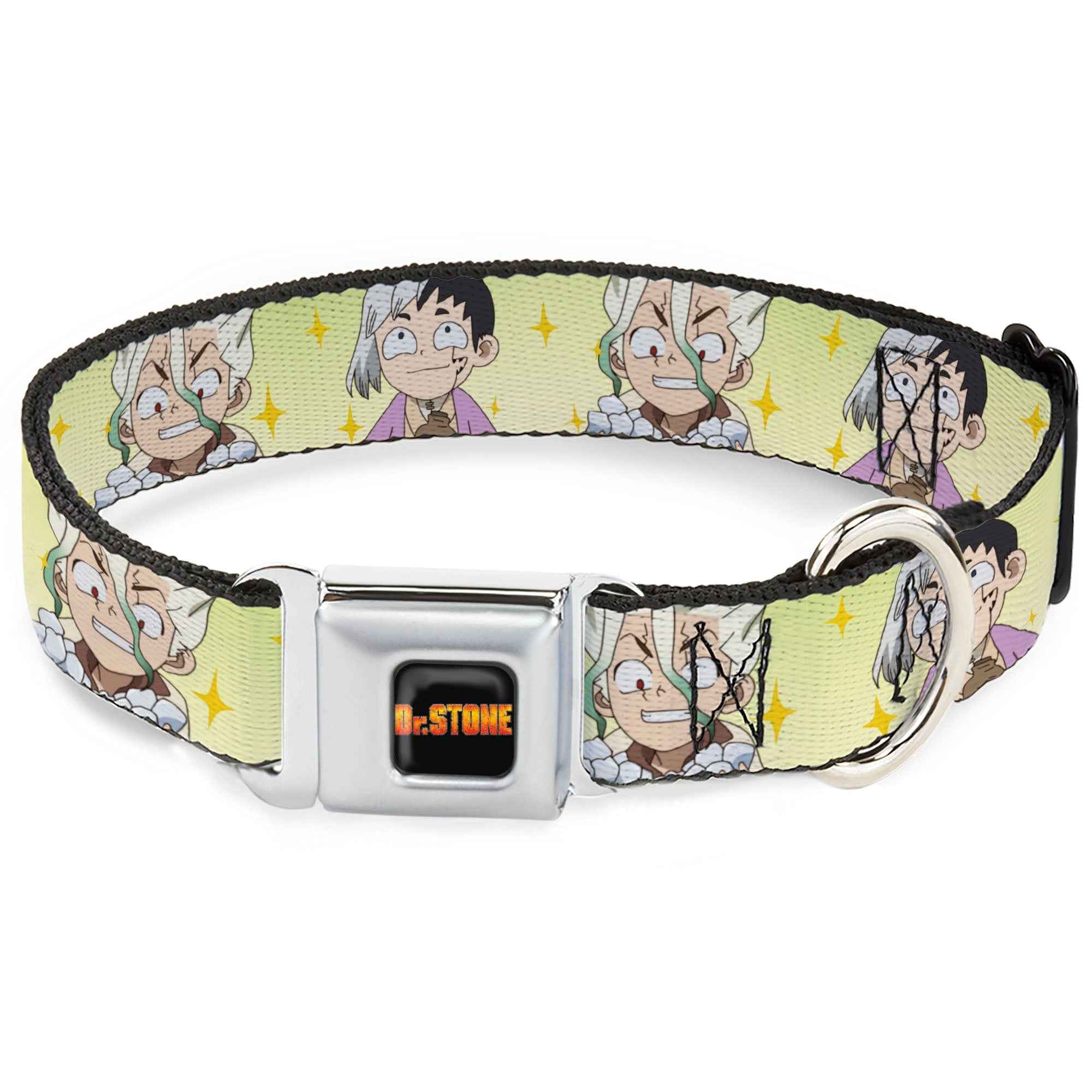 Buckle-Down Dr. Stone Title Logo Full Color Black/Orange Seatbelt Buckle Dog Collar - Dr. Stone Chibi Senku and Gen Faces Stars Yellows