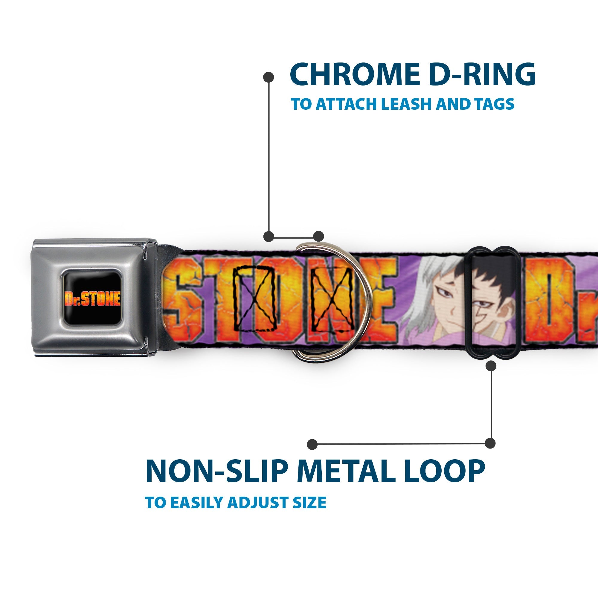 Buckle-Down Dr. Stone Title Logo Full Color Black/Orange Seatbelt Buckle Dog Collar - Dr. Stone Title Logo and Gen Asagiri Face Purples
