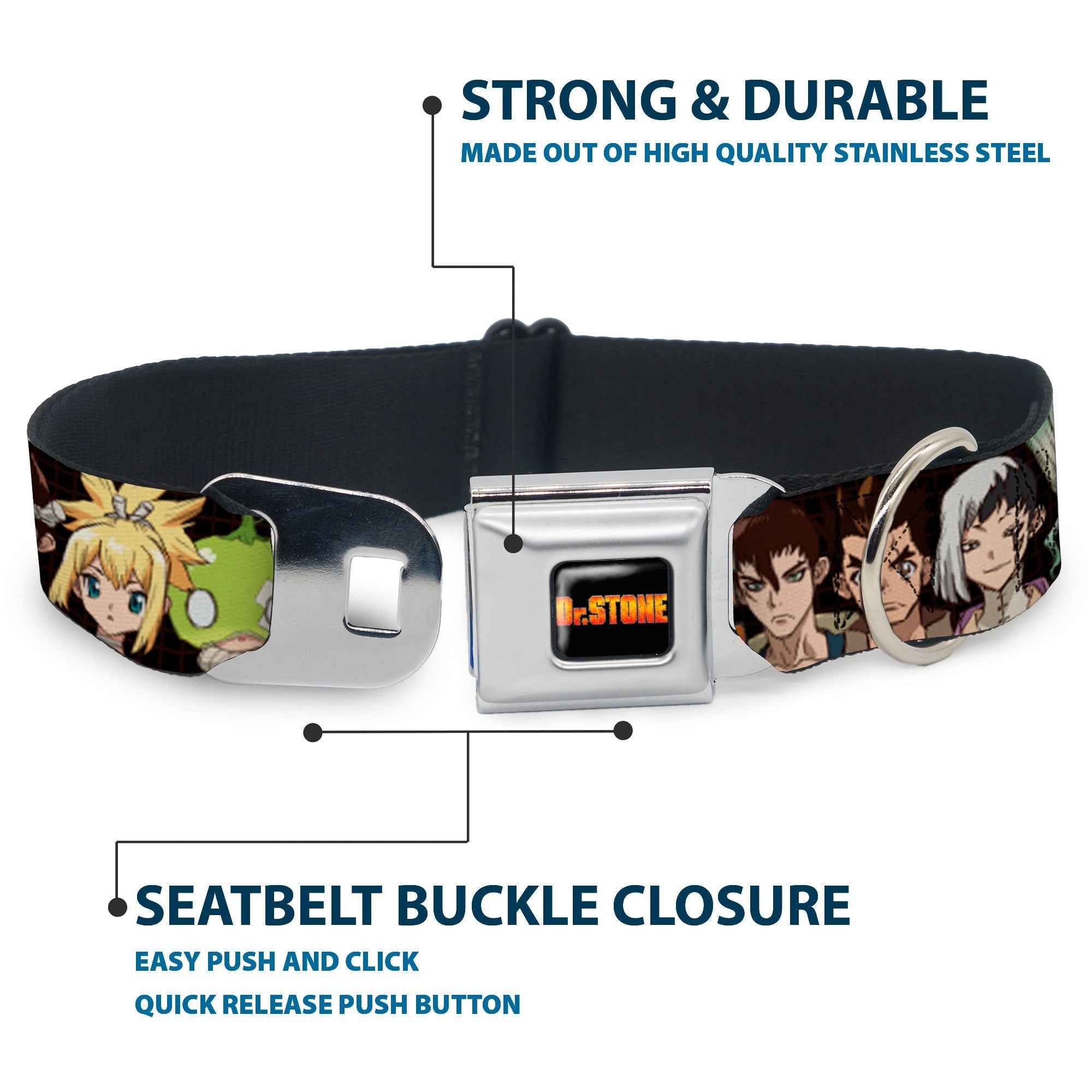 Buckle-Down Dr. Stone Title Logo Full Color Black/Orange Seatbelt Buckle Dog Collar - Dr. Stone Title Logo and Character Group Black