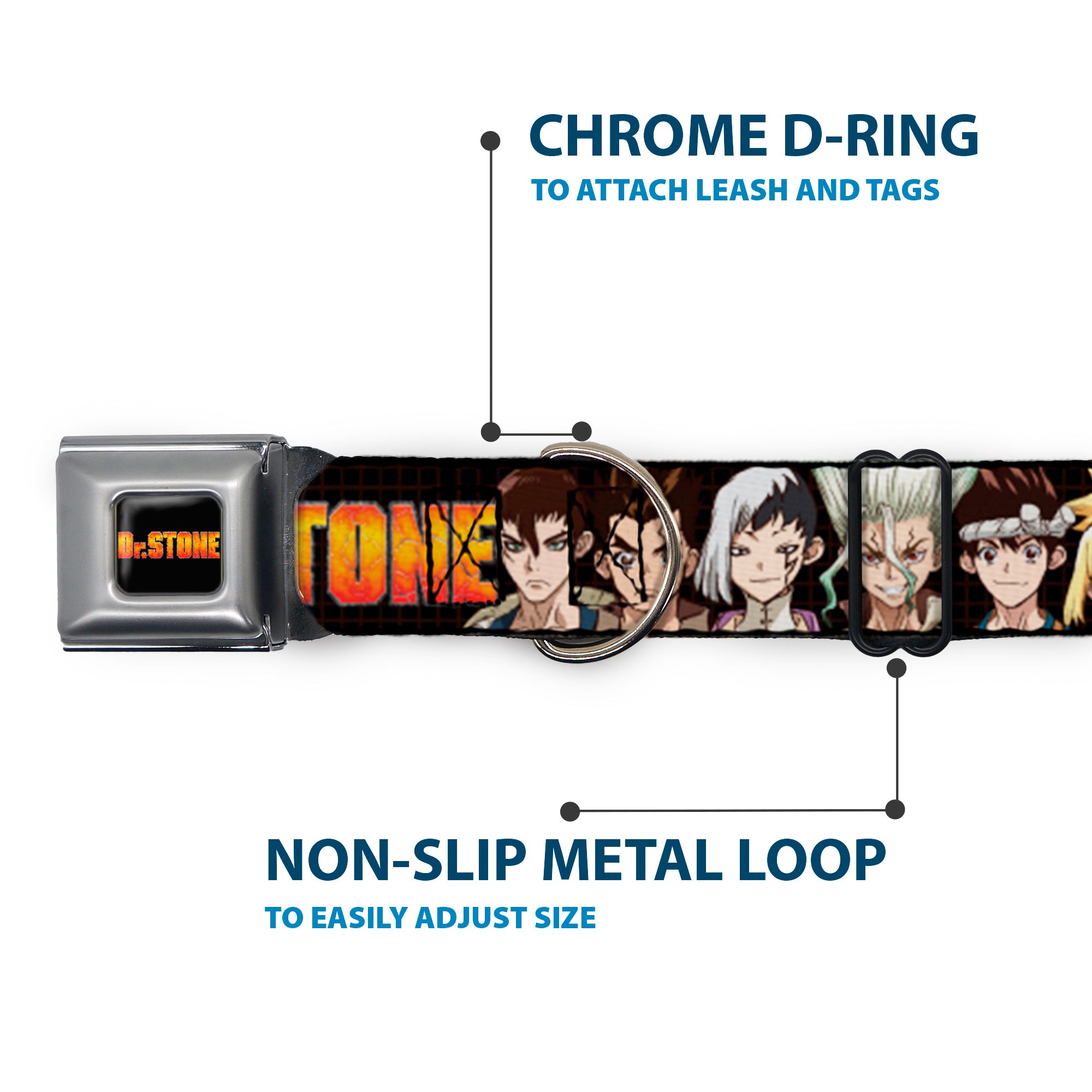 Buckle-Down Dr. Stone Title Logo Full Color Black/Orange Seatbelt Buckle Dog Collar - Dr. Stone Title Logo and Character Group Black