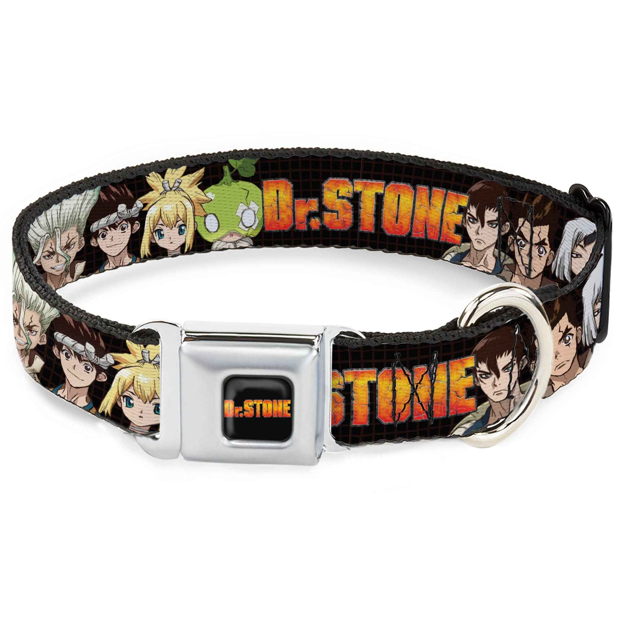 Buckle-Down Dr. Stone Title Logo Full Color Black/Orange Seatbelt Buckle Dog Collar - Dr. Stone Title Logo and Character Group Black