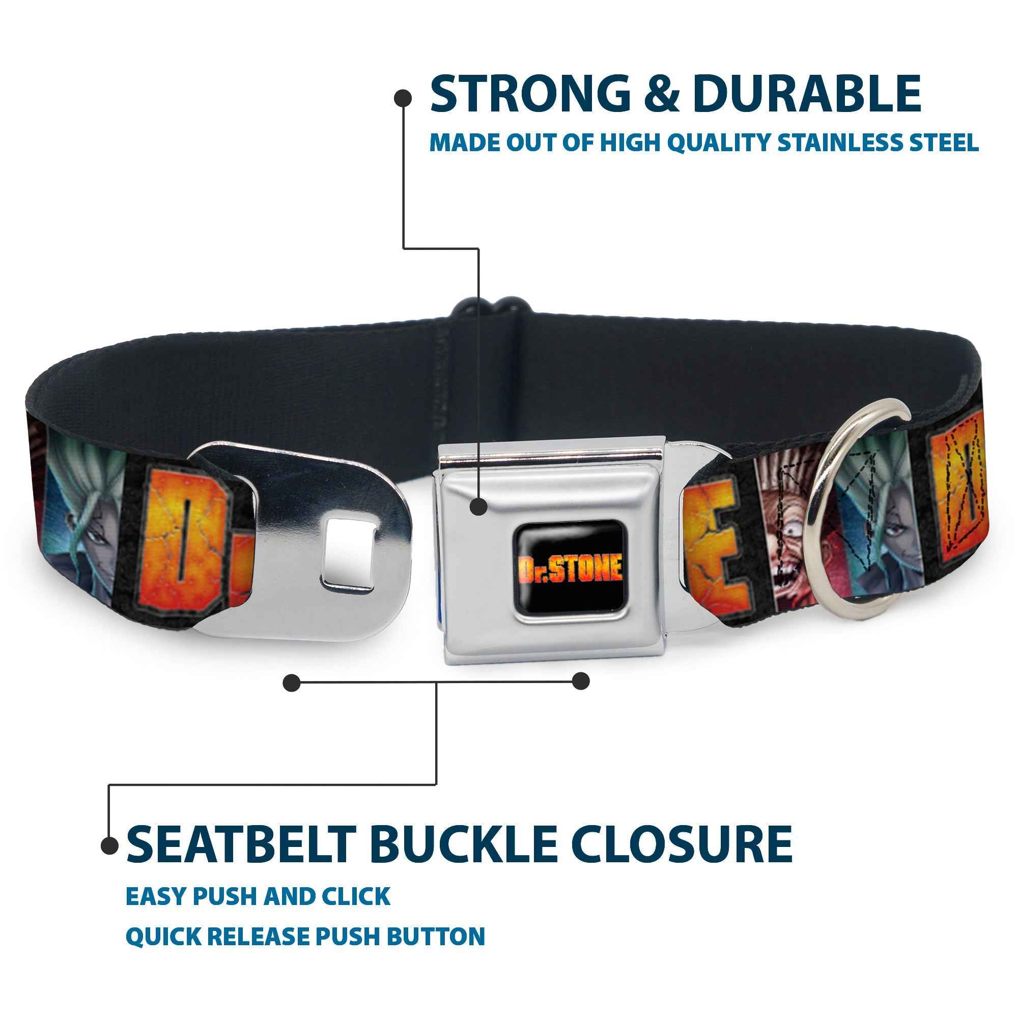 Buckle-Down Dr. Stone Title Logo Full Color Black/Orange Seatbelt Buckle Dog Collar - Dr. Stone Title Logo and Ibarra Senku Split Pose Black