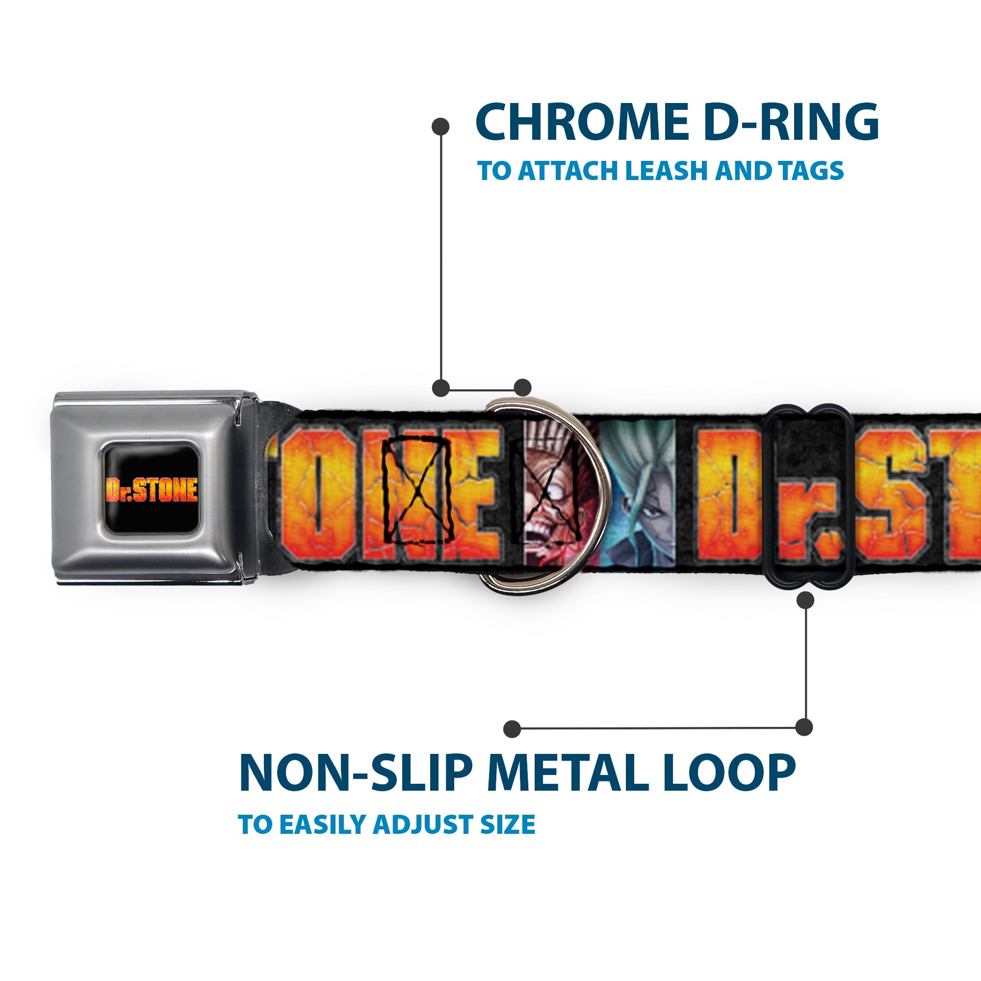 Buckle-Down Dr. Stone Title Logo Full Color Black/Orange Seatbelt Buckle Dog Collar - Dr. Stone Title Logo and Ibarra Senku Split Pose Black