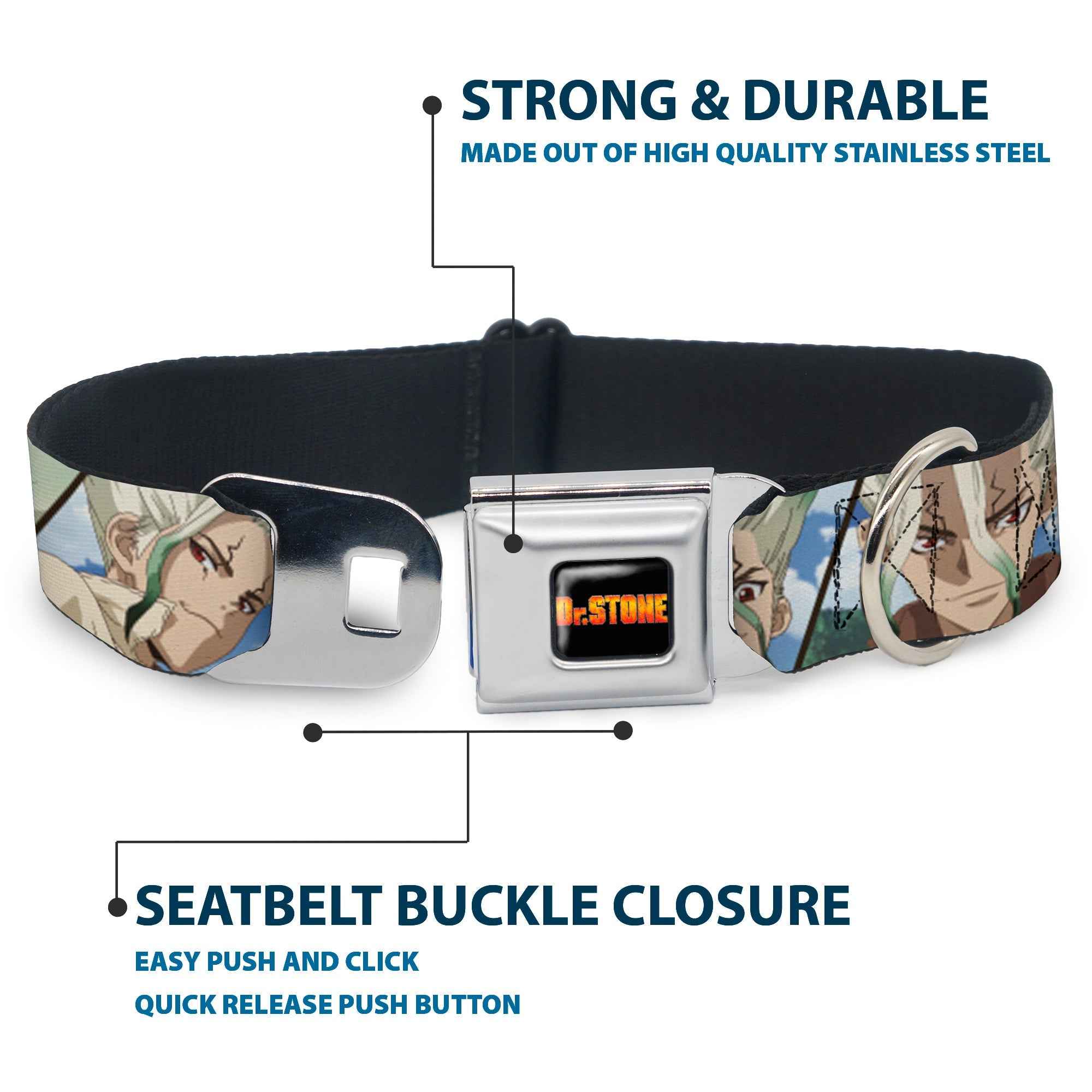 Buckle-Down Dr. Stone Title Logo Full Color Black/Orange Seatbelt Buckle Dog Collar - Dr. Stone Senku Ishigami Expression Blocks Blues