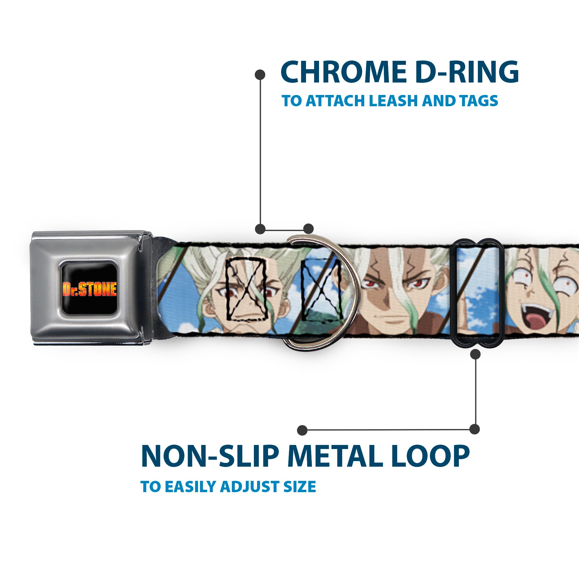 Buckle-Down Dr. Stone Title Logo Full Color Black/Orange Seatbelt Buckle Dog Collar - Dr. Stone Senku Ishigami Expression Blocks Blues