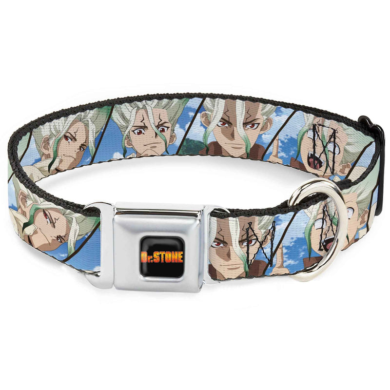 Buckle-Down Dr. Stone Title Logo Full Color Black/Orange Seatbelt Buckle Dog Collar - Dr. Stone Senku Ishigami Expression Blocks Blues