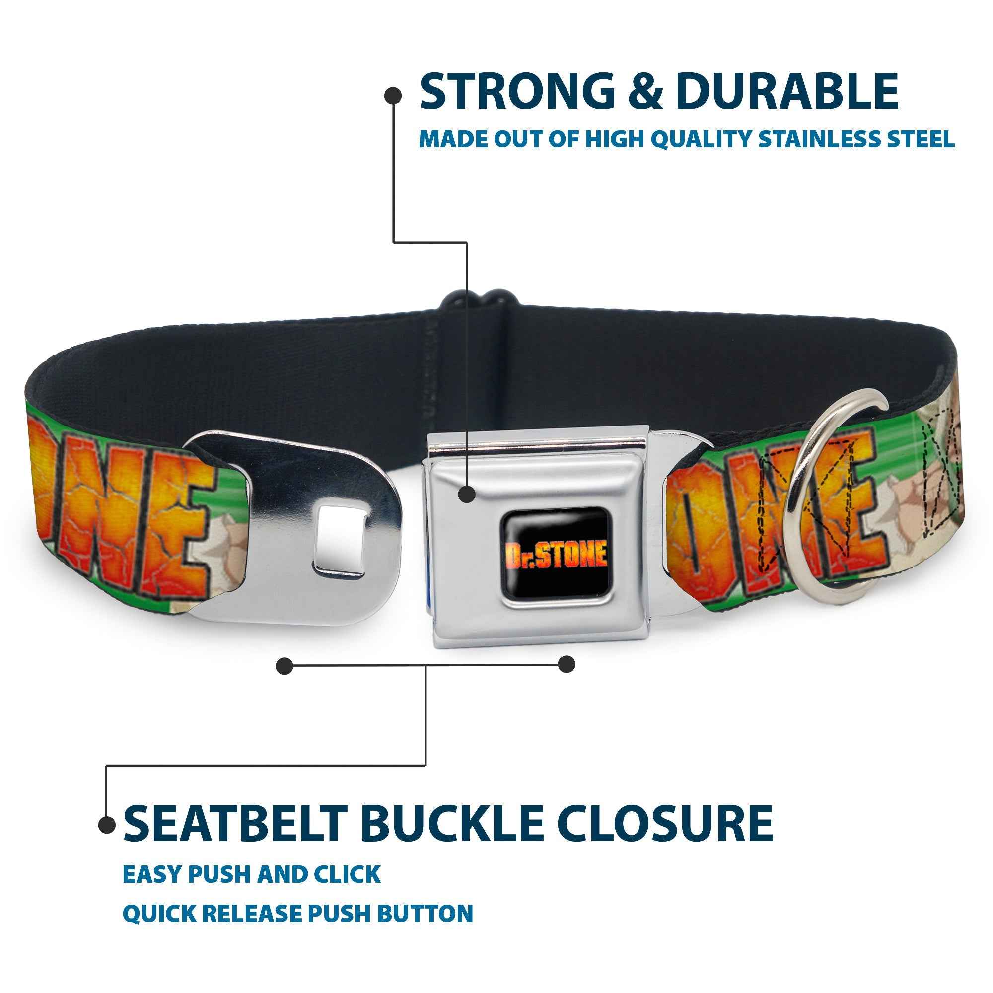 Buckle-Down Dr. Stone Title Logo Full Color Black/Orange Seatbelt Buckle Dog Collar - Dr. Stone Title Logo and Suika Face Close-Up Greens