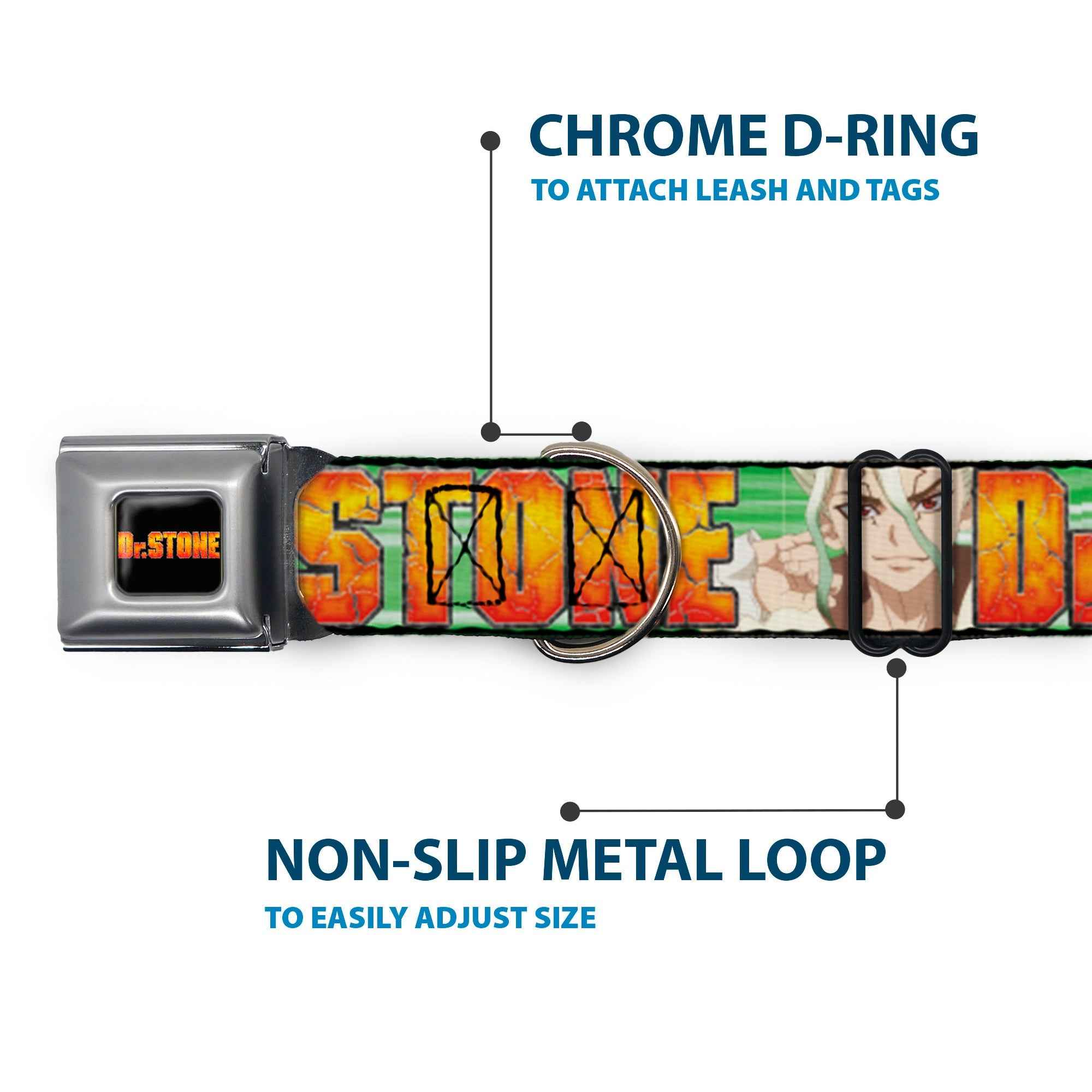 Buckle-Down Dr. Stone Title Logo Full Color Black/Orange Seatbelt Buckle Dog Collar - Dr. Stone Title Logo and Suika Face Close-Up Greens