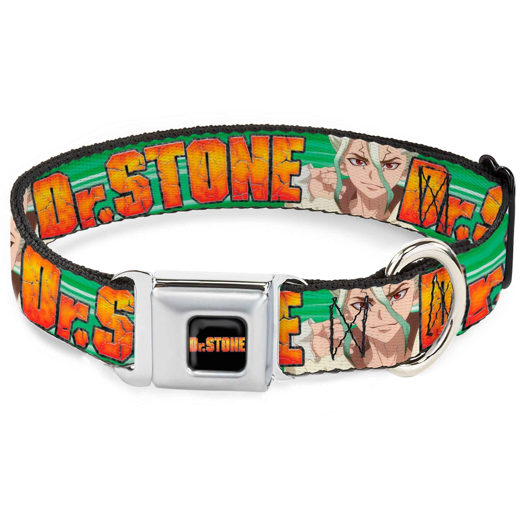Buckle-Down Dr. Stone Title Logo Full Color Black/Orange Seatbelt Buckle Dog Collar - Dr. Stone Title Logo and Suika Face Close-Up Greens