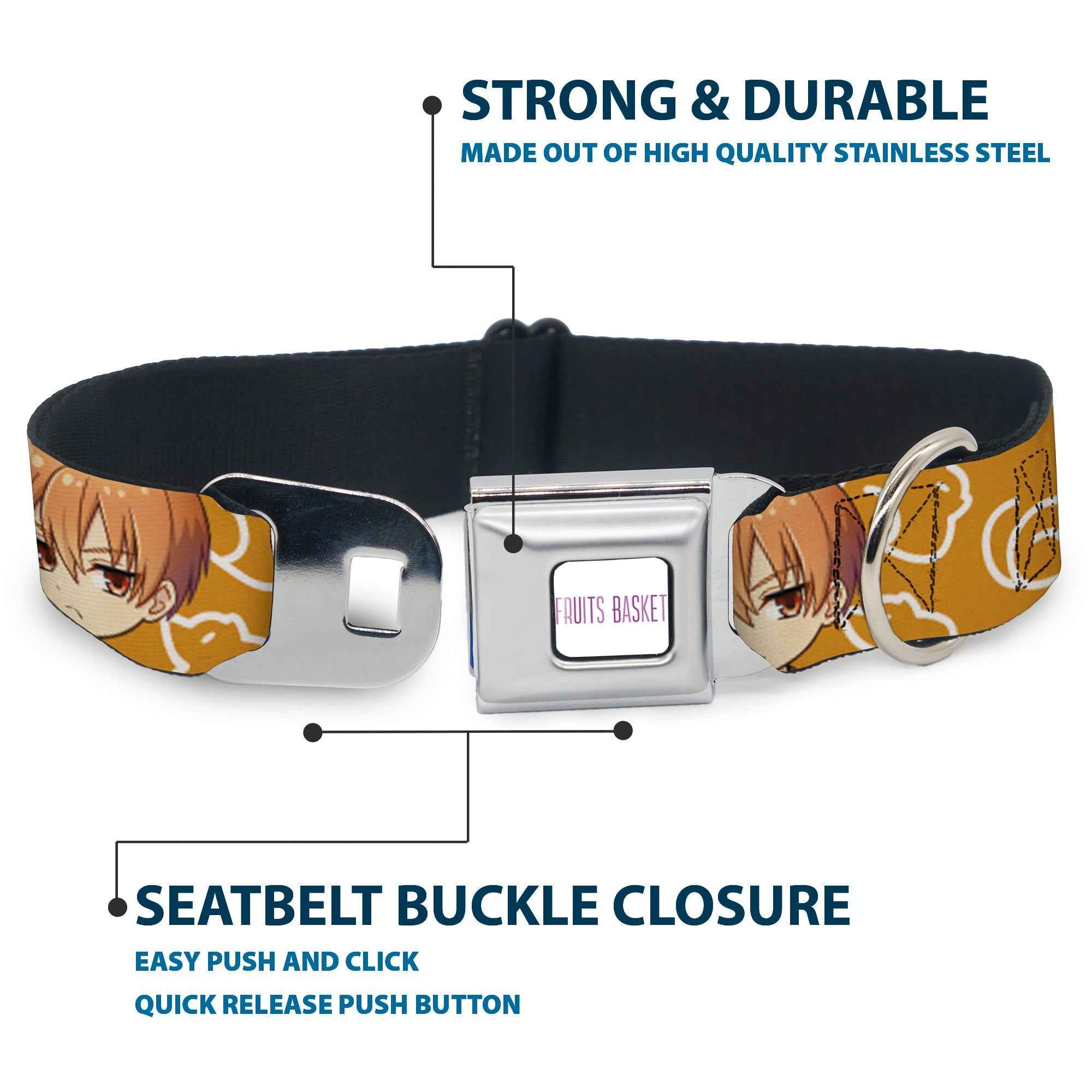 Buckle-Down Fruits Basket Title Logo White/Purple & Chibi Kyo Soma Face and Kimono Cat Icon Seatbelt Buckle Dog Collar