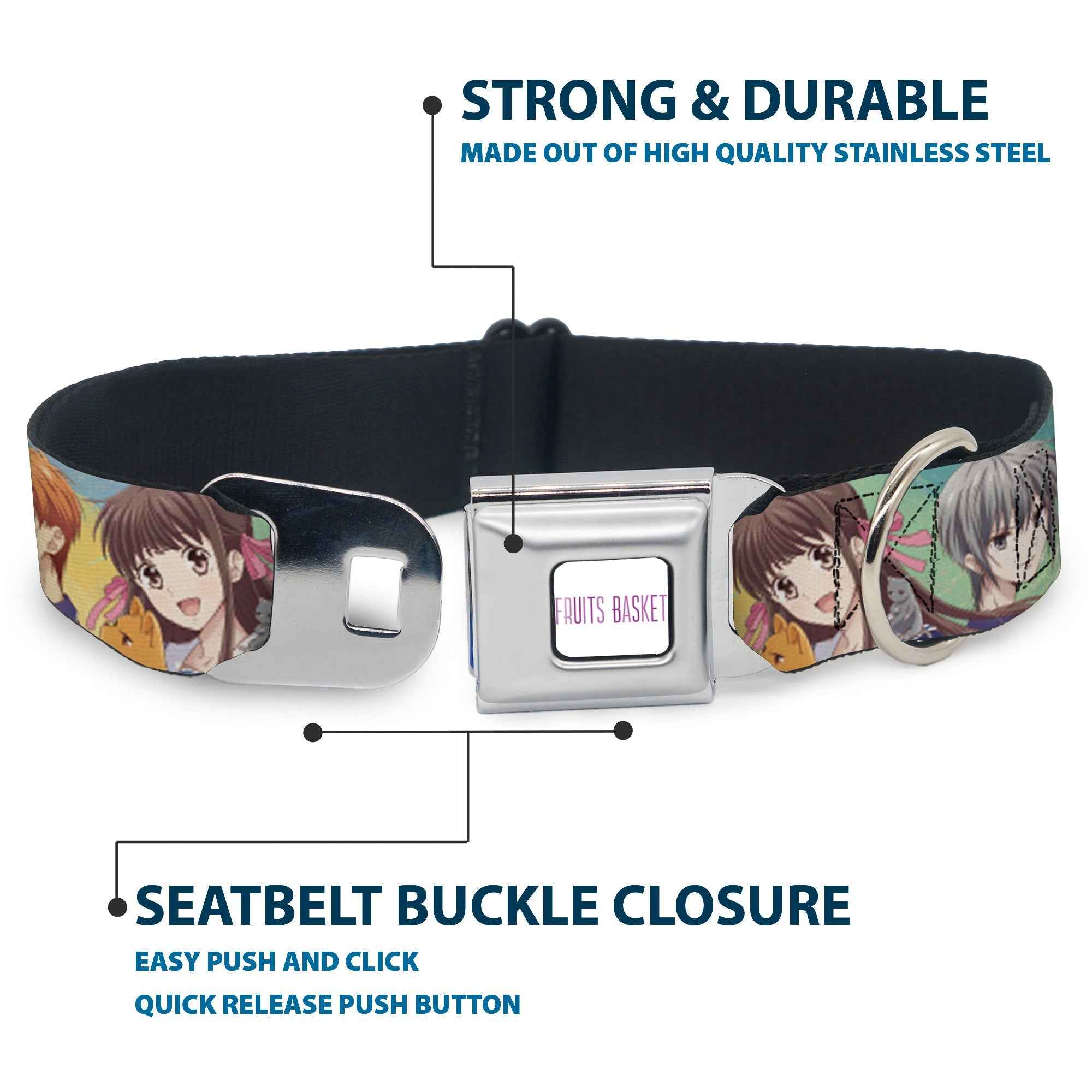 Buckle-Down Fruits Basket Title Logo Full Color White/Purple Seatbelt Buckle Dog Collar - Fruits Basket Kyo Tohru Yuki Group Pose Greens/Blues