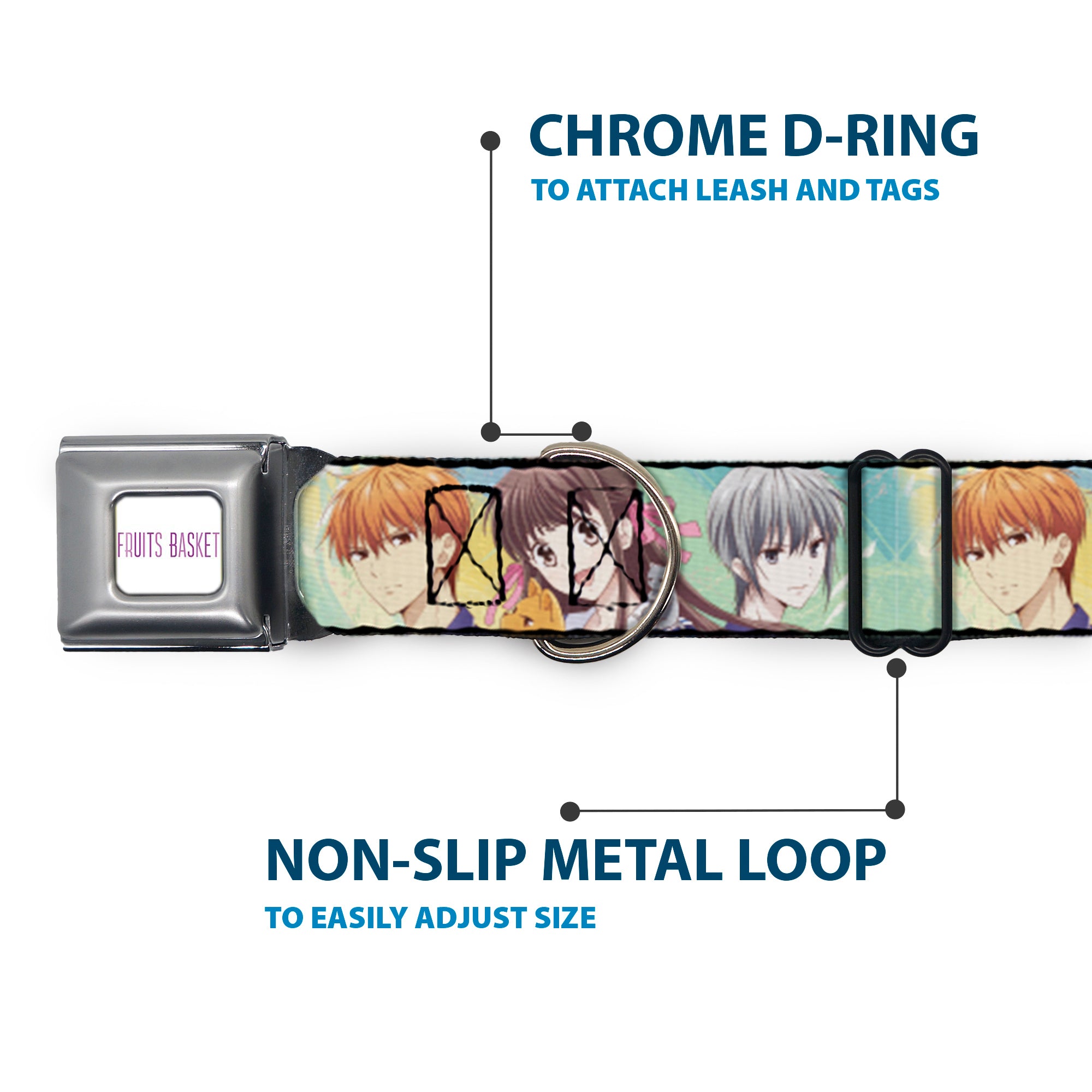 Buckle-Down Fruits Basket Title Logo Full Color White/Purple Seatbelt Buckle Dog Collar - Fruits Basket Kyo Tohru Yuki Group Pose Greens/Blues