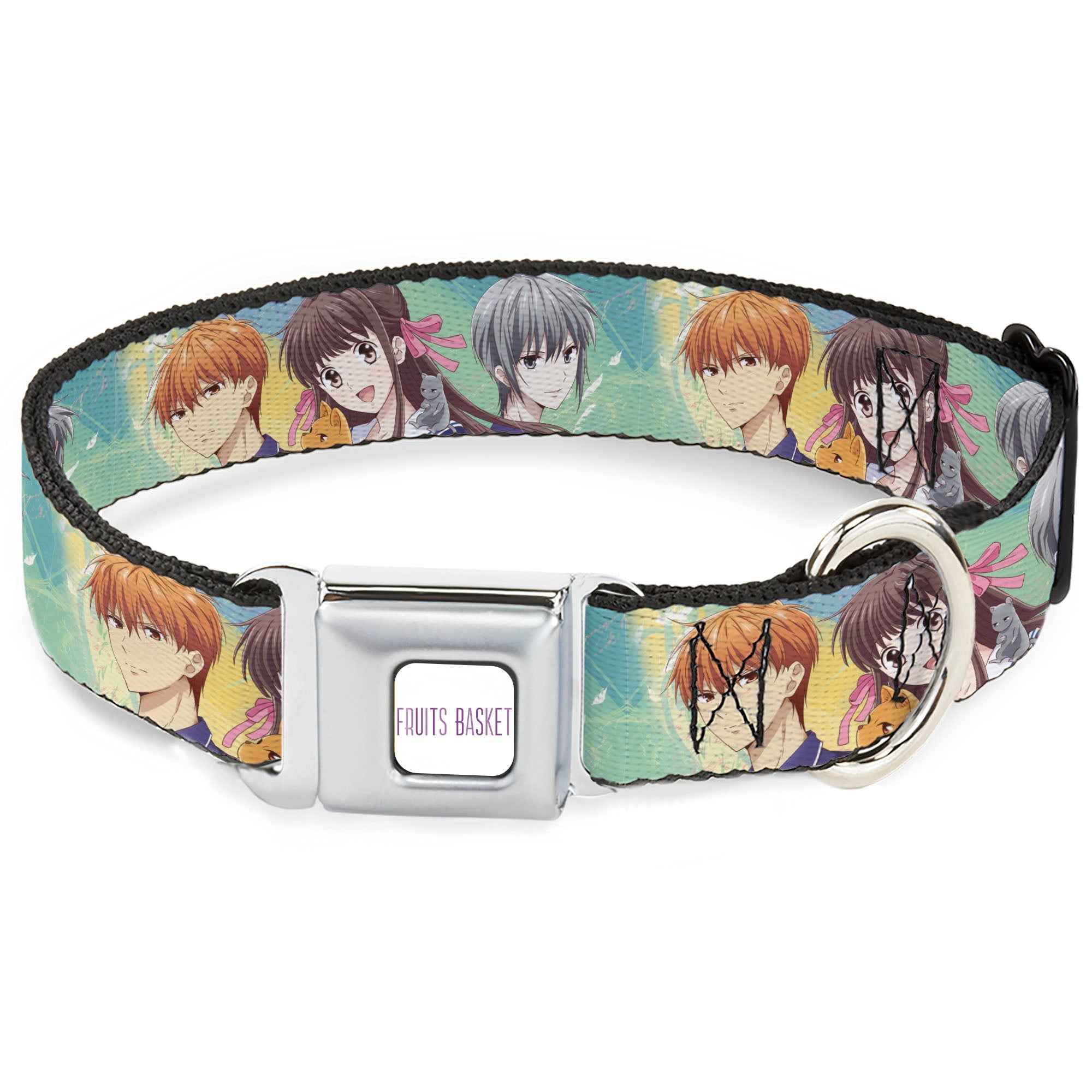 Buckle-Down Fruits Basket Title Logo Full Color White/Purple Seatbelt Buckle Dog Collar - Fruits Basket Kyo Tohru Yuki Group Pose Greens/Blues