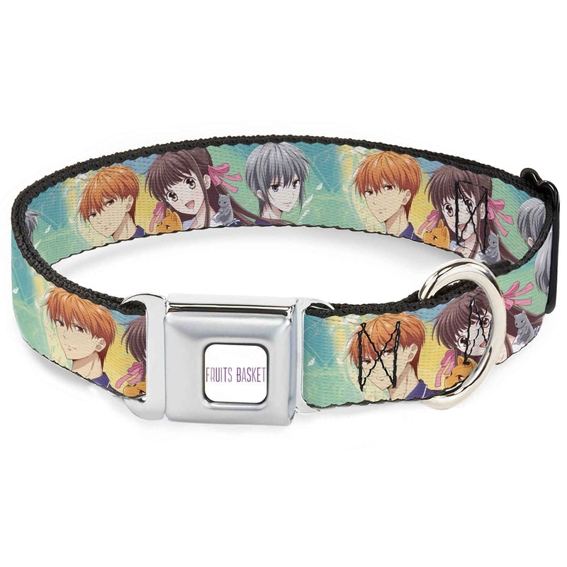 Buckle-Down Fruits Basket Title Logo Full Color White/Purple Seatbelt Buckle Dog Collar - Fruits Basket Kyo Tohru Yuki Group Pose Greens/Blues