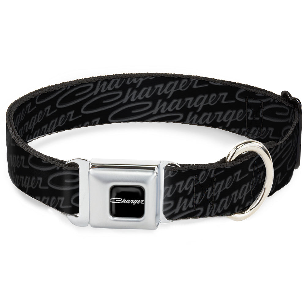 CHARGER Script Emblem Corner Full Color Black/Silver Fade/White Seatbelt Buckle Collar - CHARGER Script Emblem Repeat Black/Grays