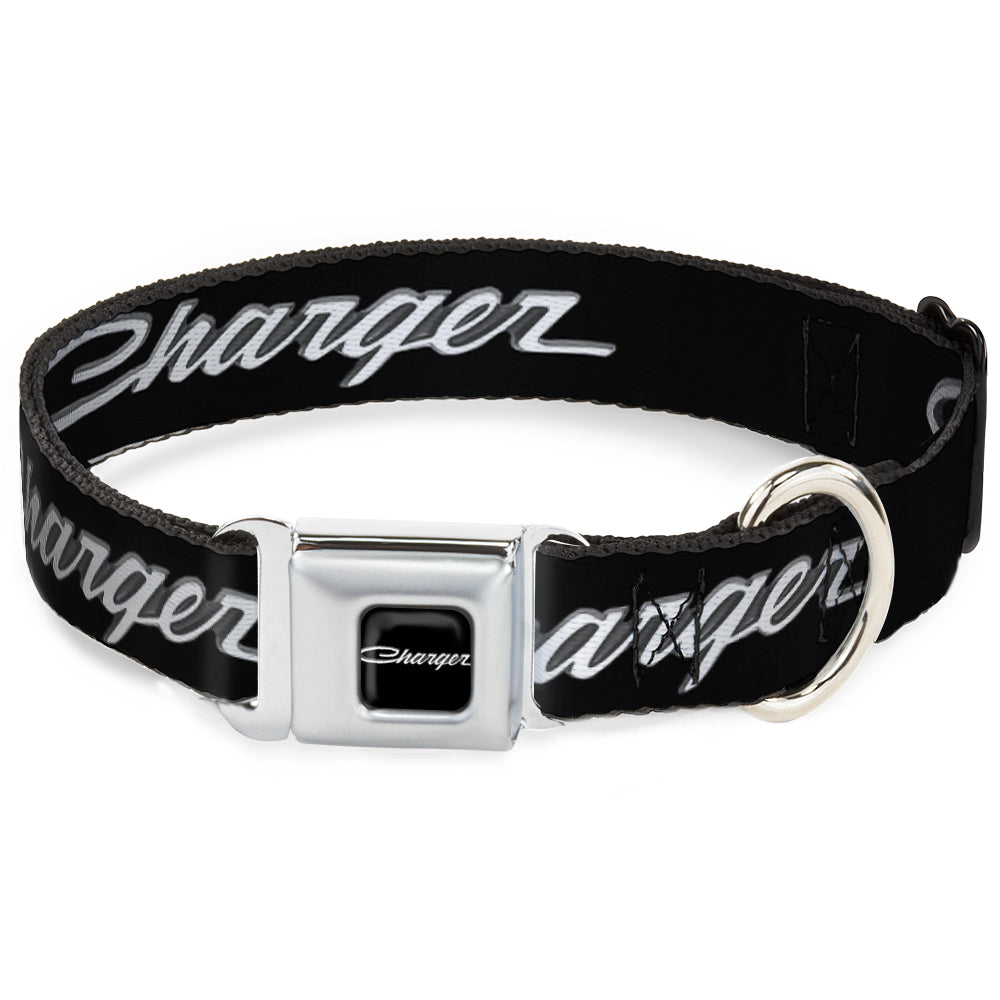 CHARGER Script Emblem Corner Full Color Black/Silver Fade/White Seatbelt Buckle Collar - CHARGER Script Emblem Corner Black/Silver Fade/White