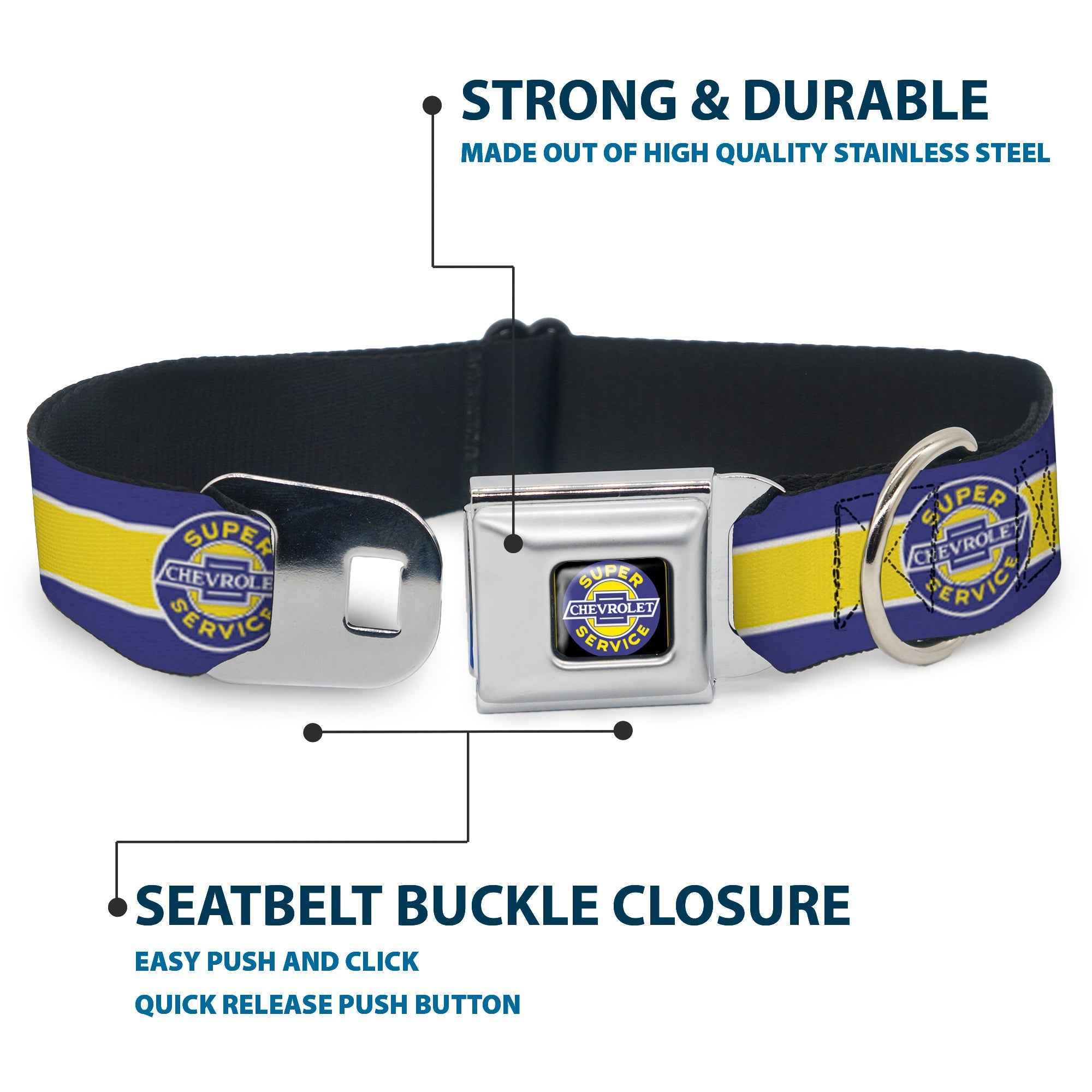 Buckle-Down Chevrolet Super Service Logo Black/Blue/Yellow/White & Logo/Stripe Blue/White/Yellow Seatbelt Buckle Dog Collar