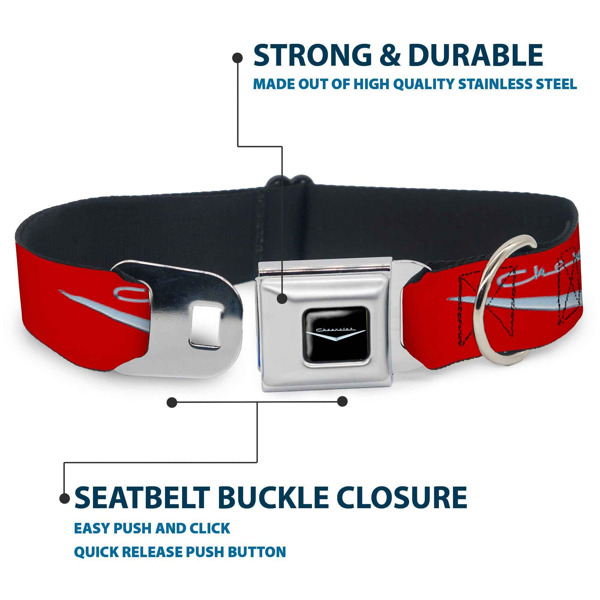 Buckle-Down 1955-57 Chevrolet V Emblem Full Color Black Silver Seatbelt Buckle Dog Collar - 1955-57 Chevrolet V Emblem Red/Silver
