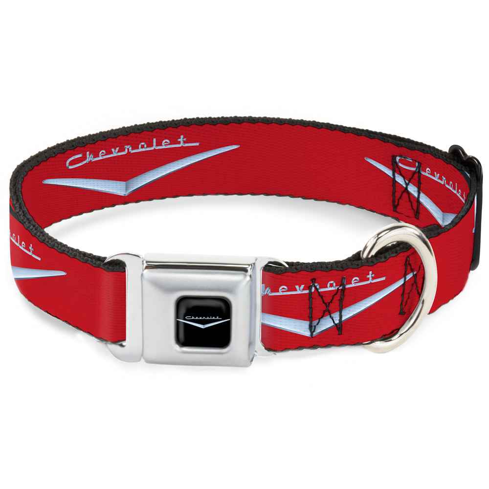 Buckle-Down 1955-57 Chevrolet V Emblem Full Color Black Silver Seatbelt Buckle Dog Collar - 1955-57 Chevrolet V Emblem Red/Silver