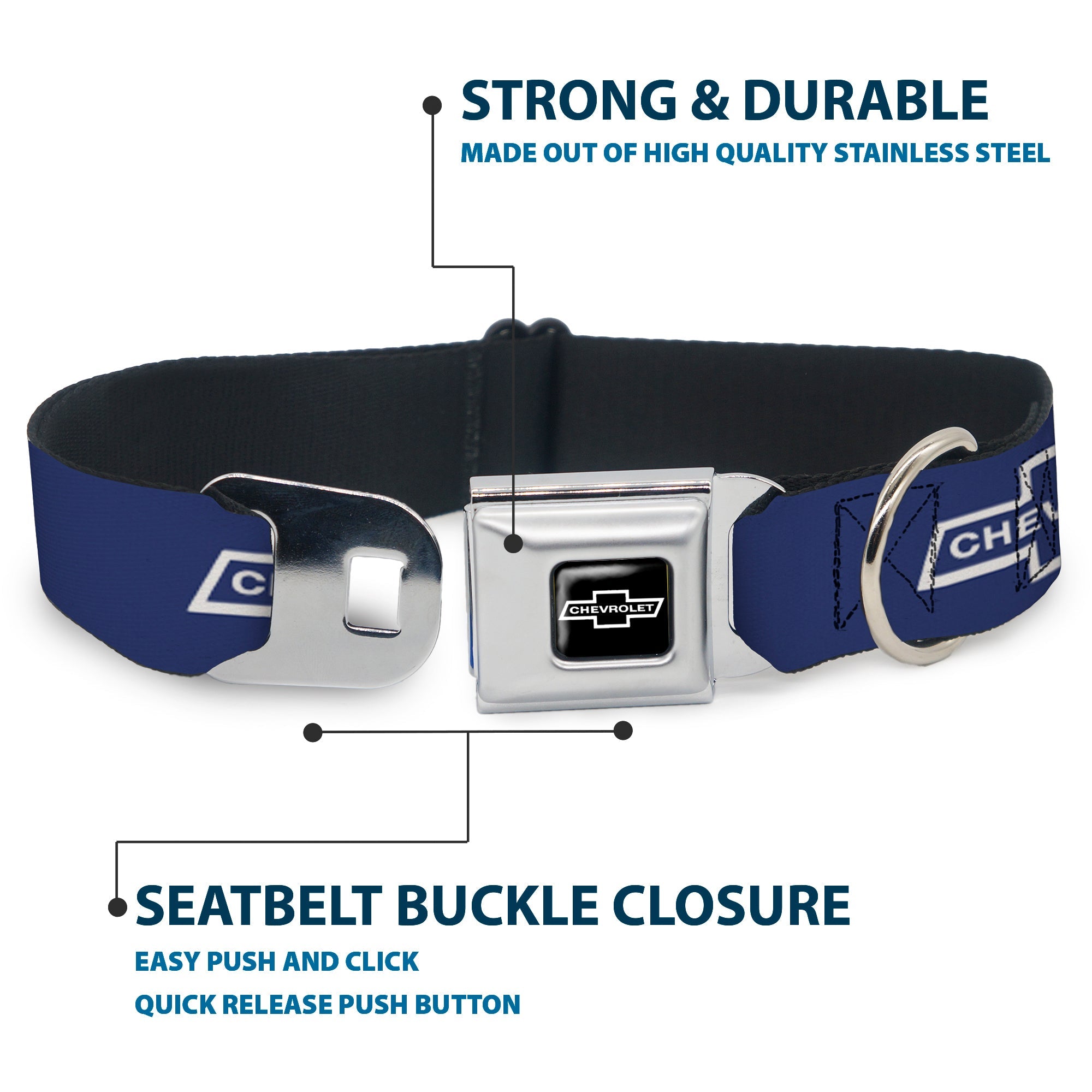 Buckle-Down 1965 Chevrolet Bowtie Full Color Black/White Seatbelt Buckle Dog Collar - 1965 Chevrolet Bowtie Blue/White
