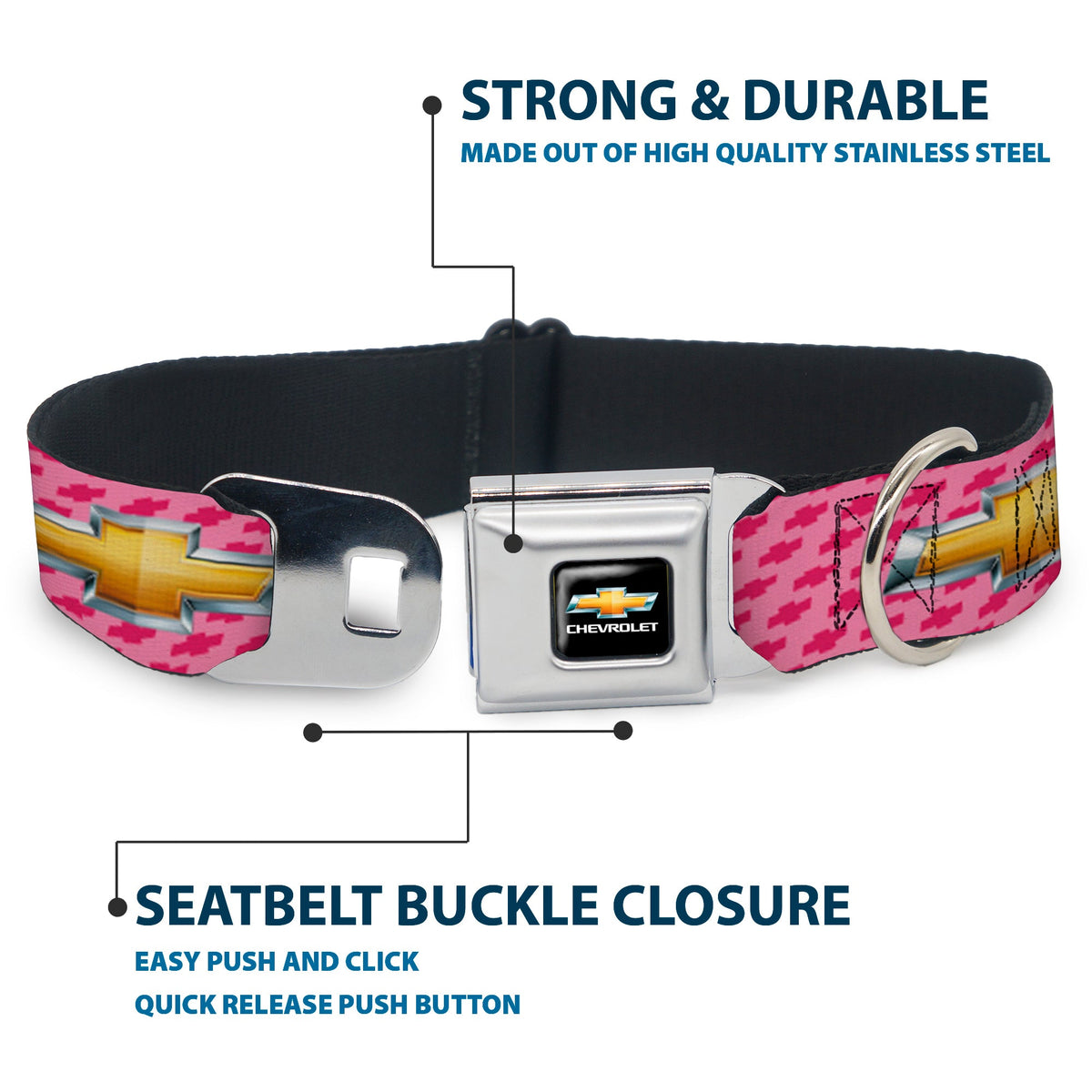 Chevy Bowtie Full Color Black Gold Seatbelt Buckle Collar - Chevy Gold Bowtie w/Logo PINK