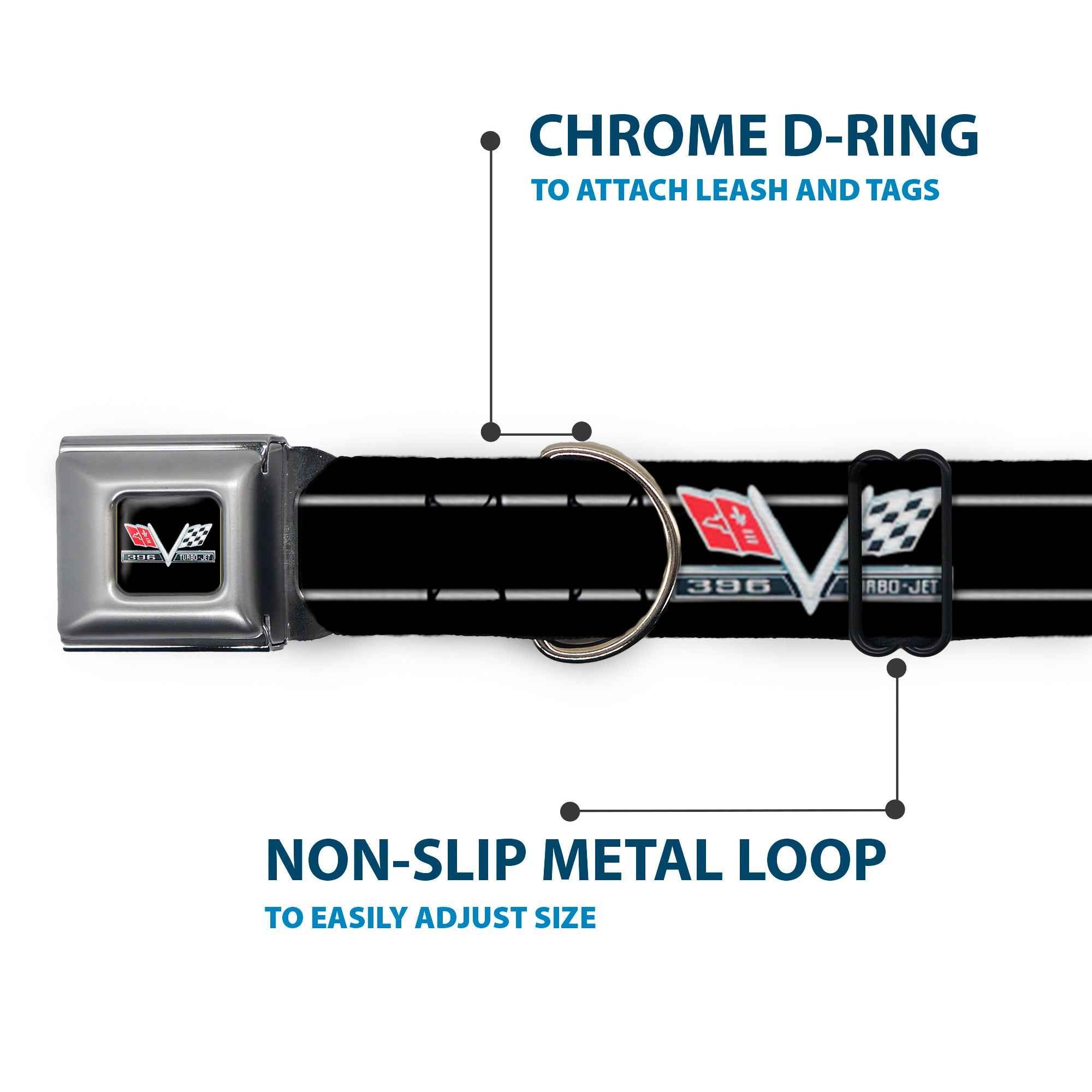 Buckle-Down 1967 Impala 396 Turbo-Jet V Emblem Black/Silver/Red/White & Emblem/Stripe Black/Silver/Red/White Seatbelt Buckle Dog Collar