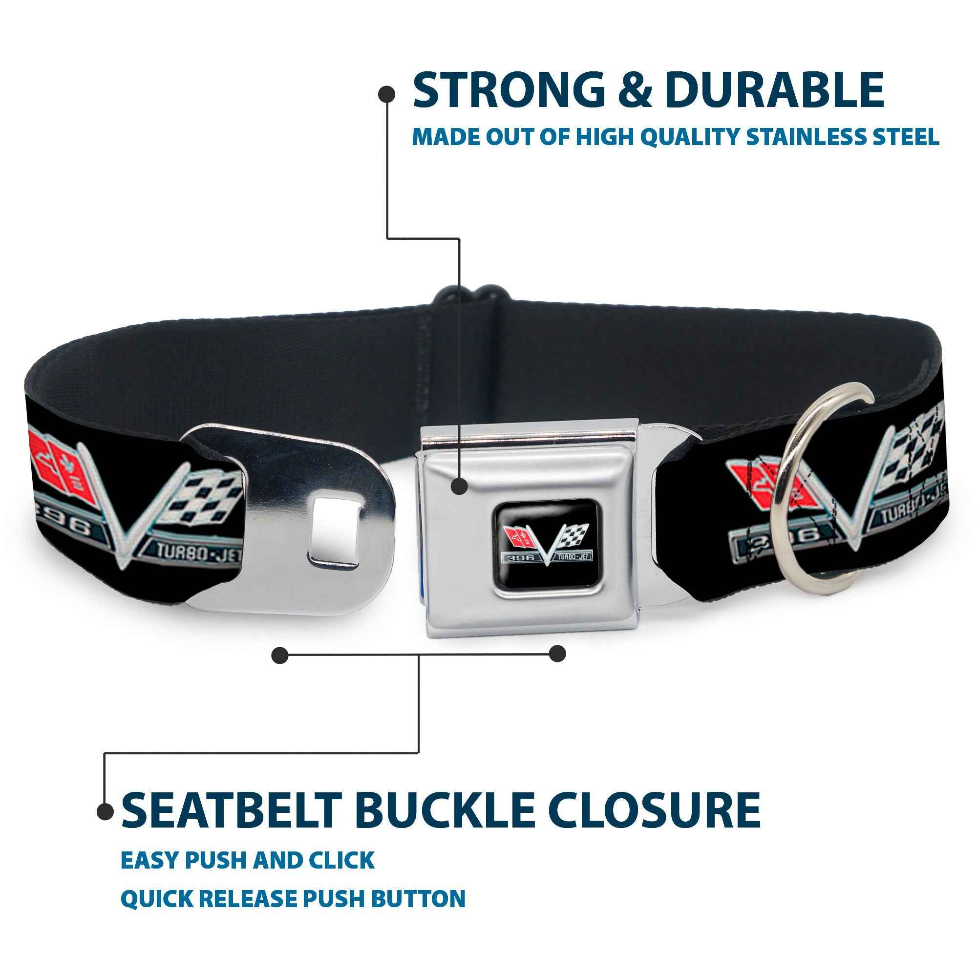Buckle-Down 1967 Impala 396 Turbo-Jet V Emblem Black/Silver/Red/White & Black/Silver/Red/White Seatbelt Buckle Dog Collar